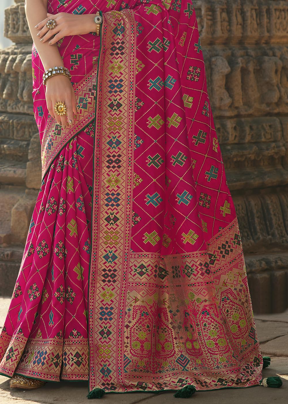 Brink Pink and Green Designer Banarasi Silk Saree with Embroidered Blouse