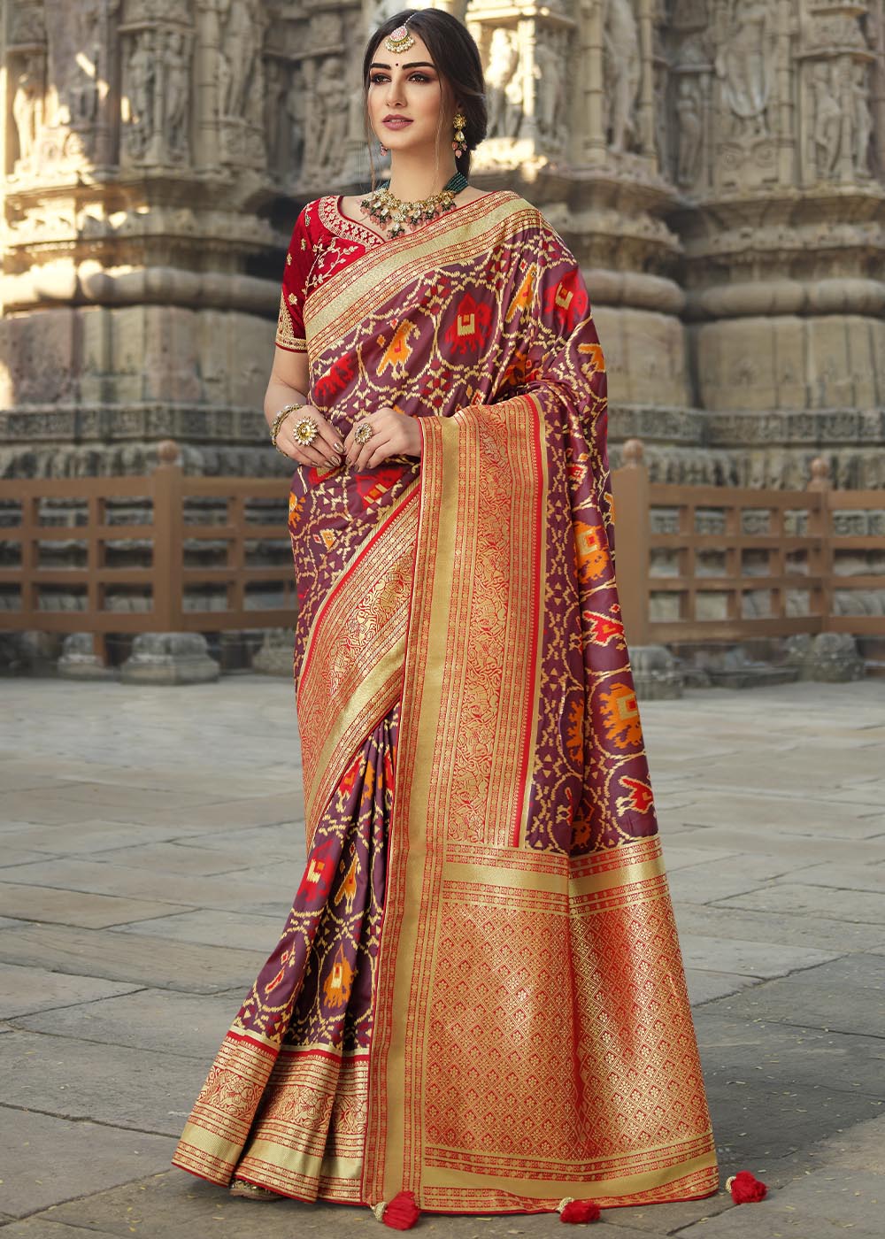 Nutmeg Brown and Red Designer Banarasi Silk Saree with Embroidered Blouse