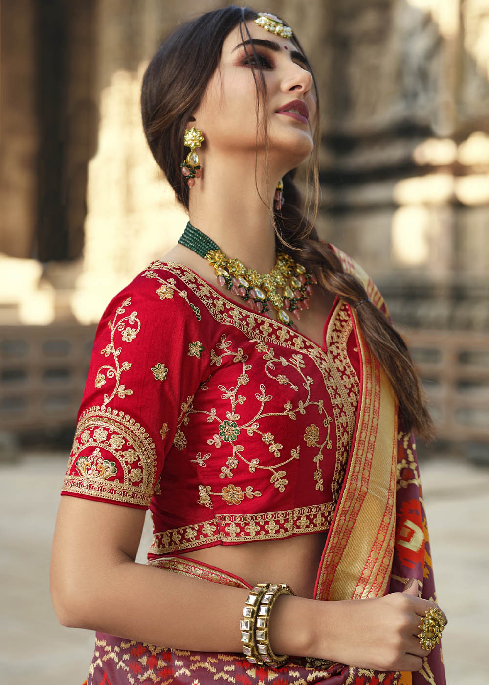 Nutmeg Brown and Red Designer Banarasi Silk Saree with Embroidered Blouse