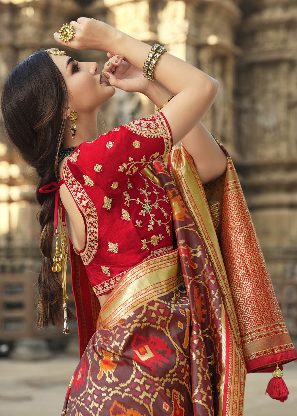 Nutmeg Brown and Red Designer Banarasi Silk Saree with Embroidered Blouse