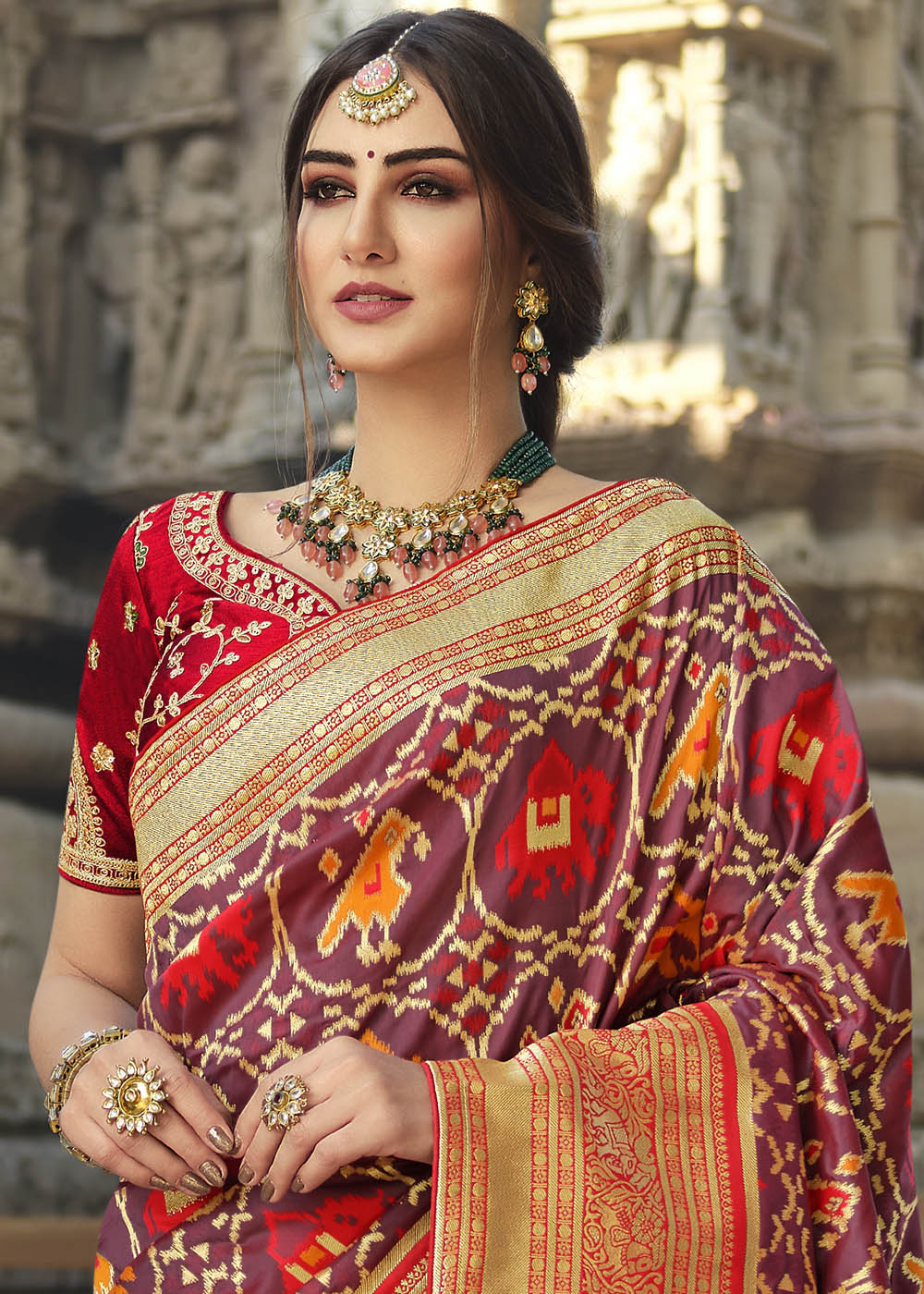 Nutmeg Brown and Red Designer Banarasi Silk Saree with Embroidered Blouse