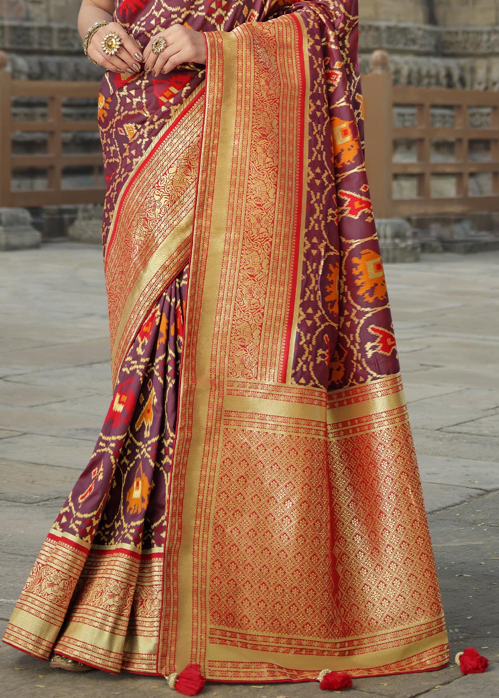 Nutmeg Brown and Red Designer Banarasi Silk Saree with Embroidered Blouse