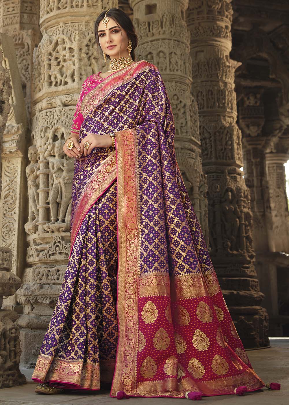 Cannon Purple and Pink Designer Banarasi Silk Saree with Embroidered Blouse