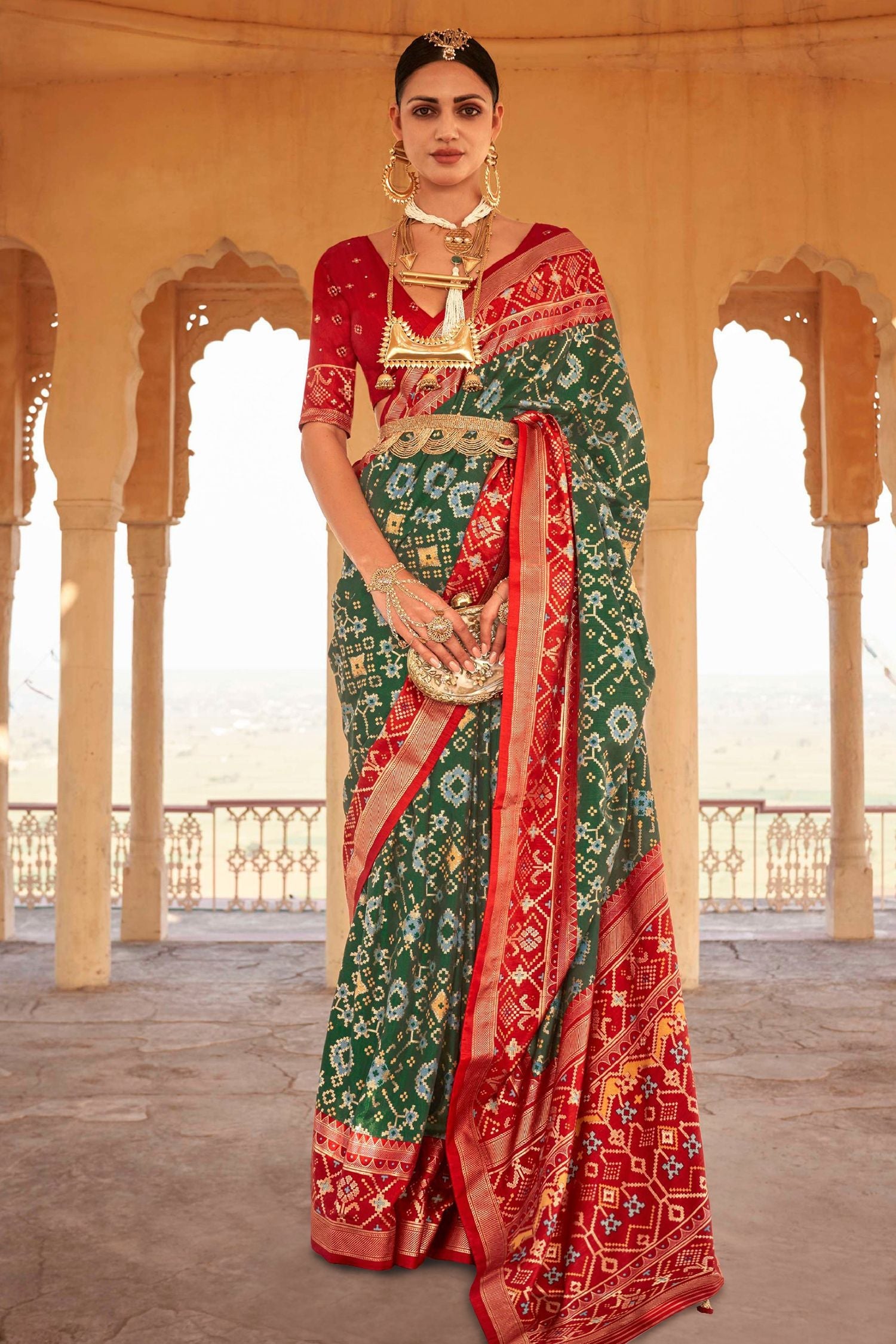 Axolotl Green and Red Handloom Patola Silk Saree