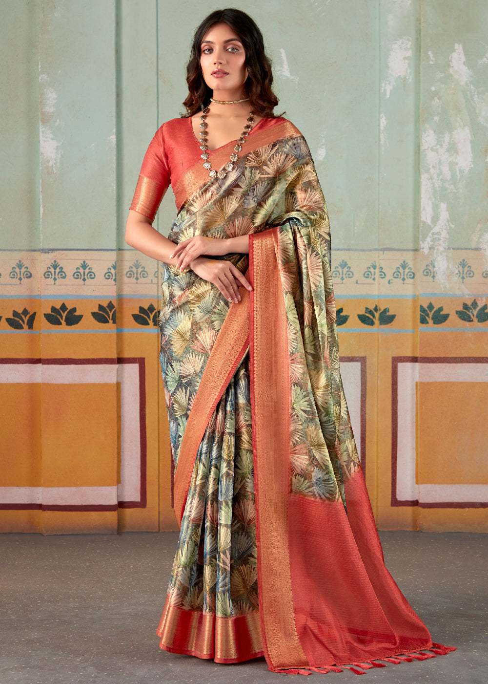 Shadow Green and Red Banarasi Tissue Silk Saree