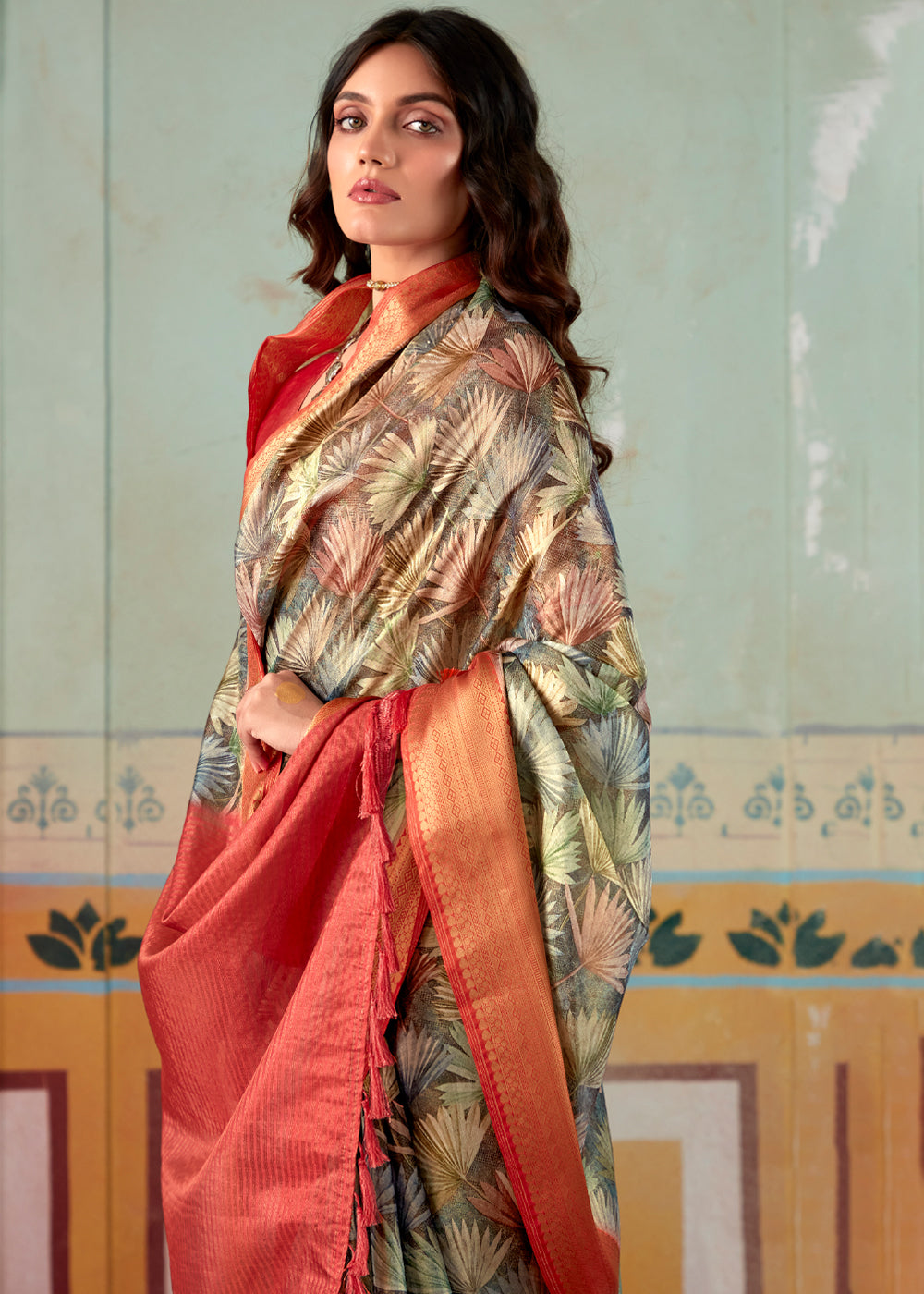 Shadow Green and Red Banarasi Tissue Silk Saree