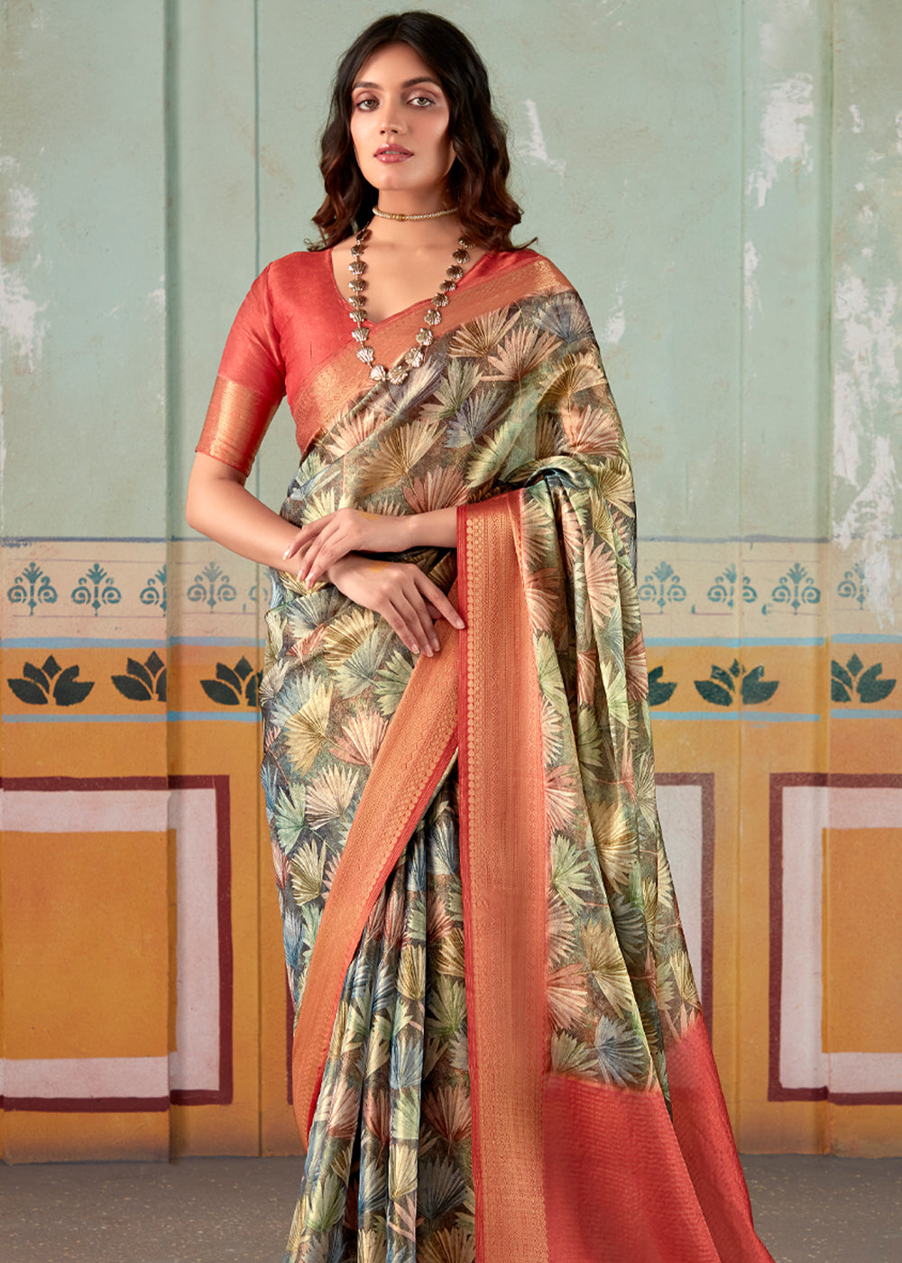 Shadow Green and Red Banarasi Tissue Silk Saree