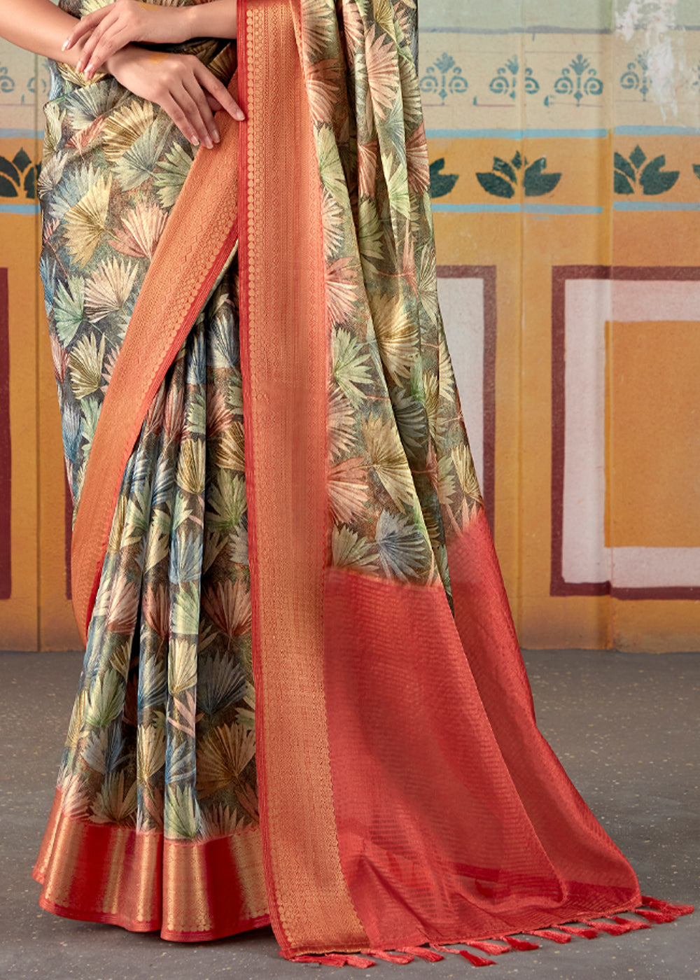 Shadow Green and Red Banarasi Tissue Silk Saree