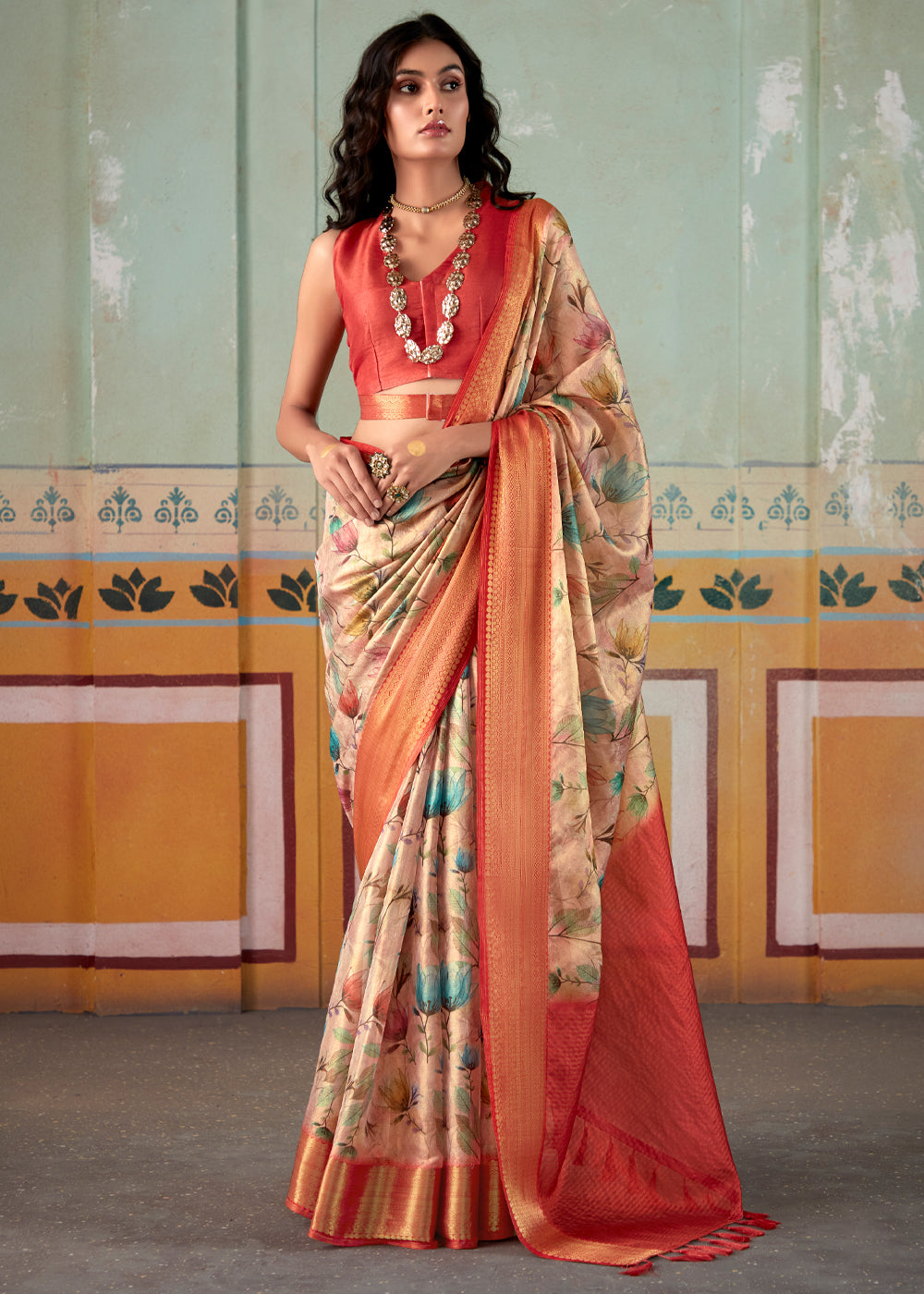 Romantic Peach Banarasi Tissue Silk Saree