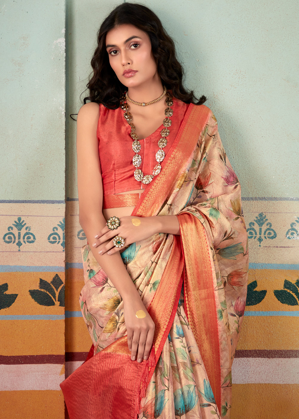 Romantic Peach Banarasi Tissue Silk Saree