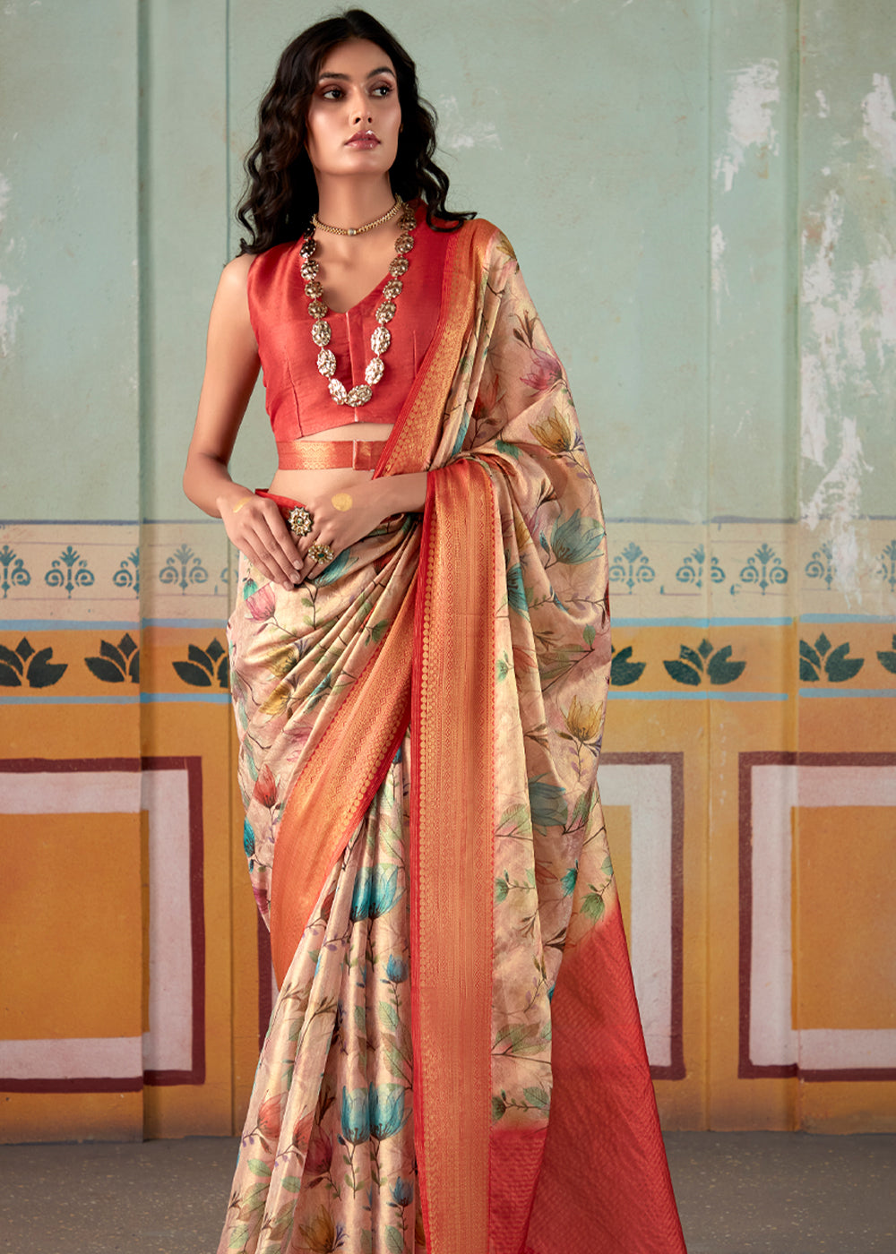 Romantic Peach Banarasi Tissue Silk Saree