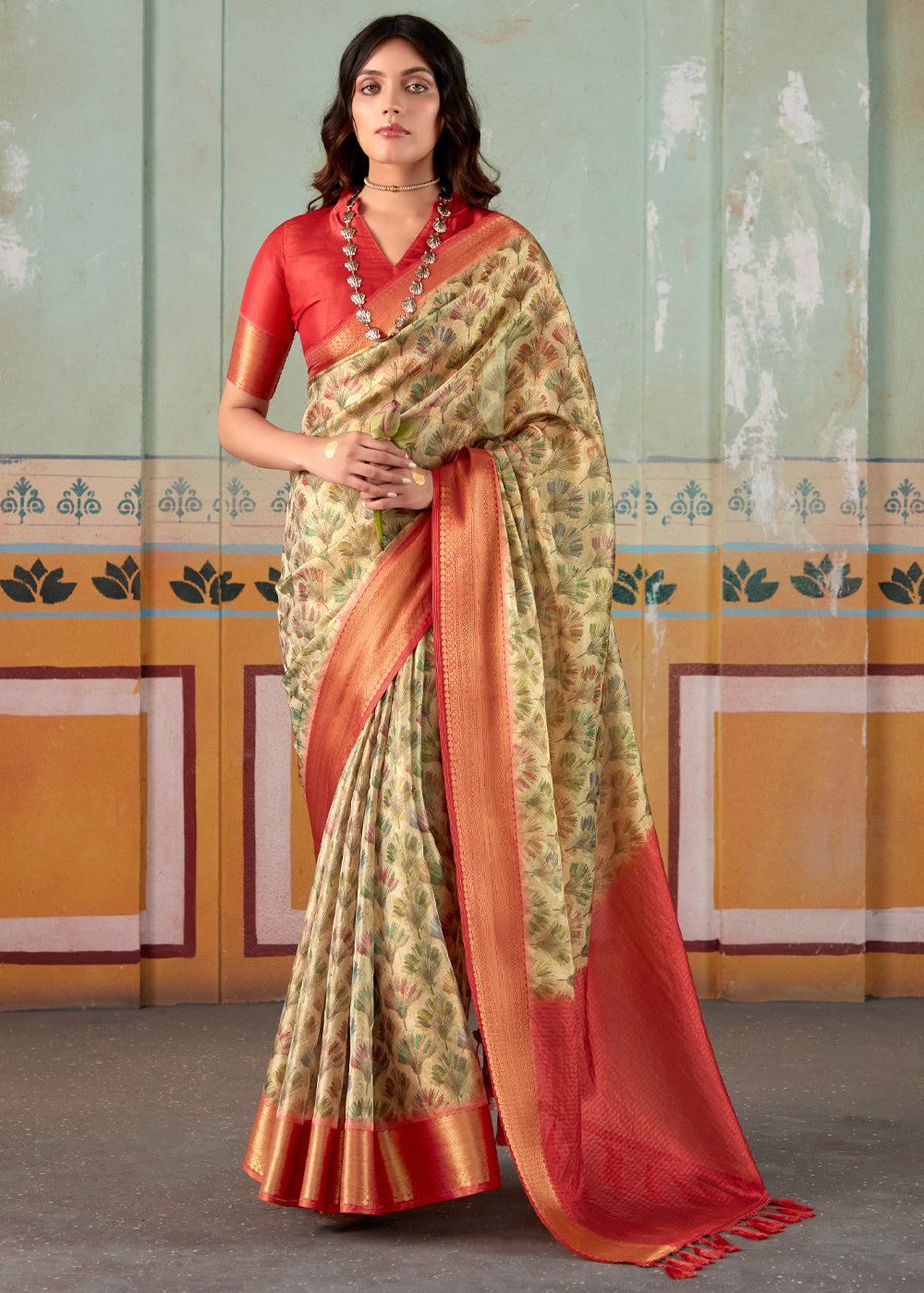 Misty Moss Green and Red Banarasi Tissue Silk Saree