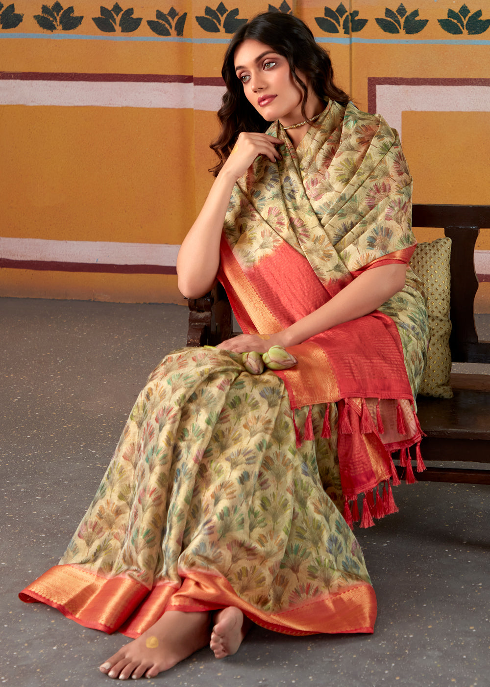 Misty Moss Green and Red Banarasi Tissue Silk Saree