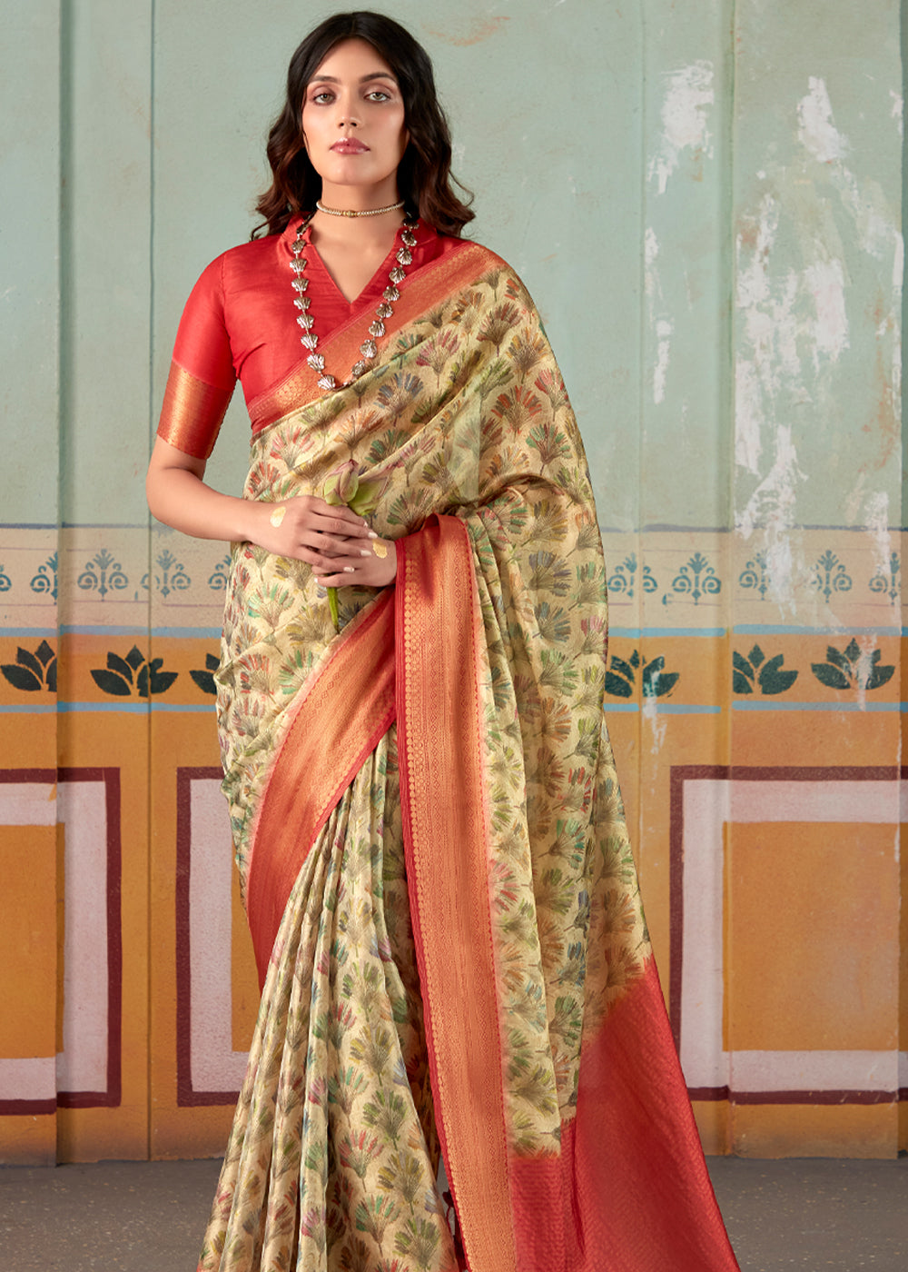 Misty Moss Green and Red Banarasi Tissue Silk Saree