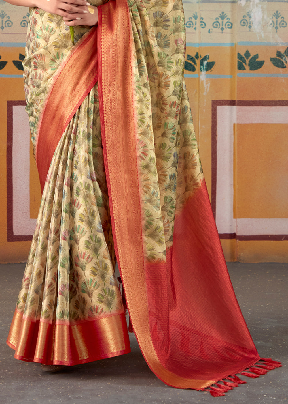 Misty Moss Green and Red Banarasi Tissue Silk Saree