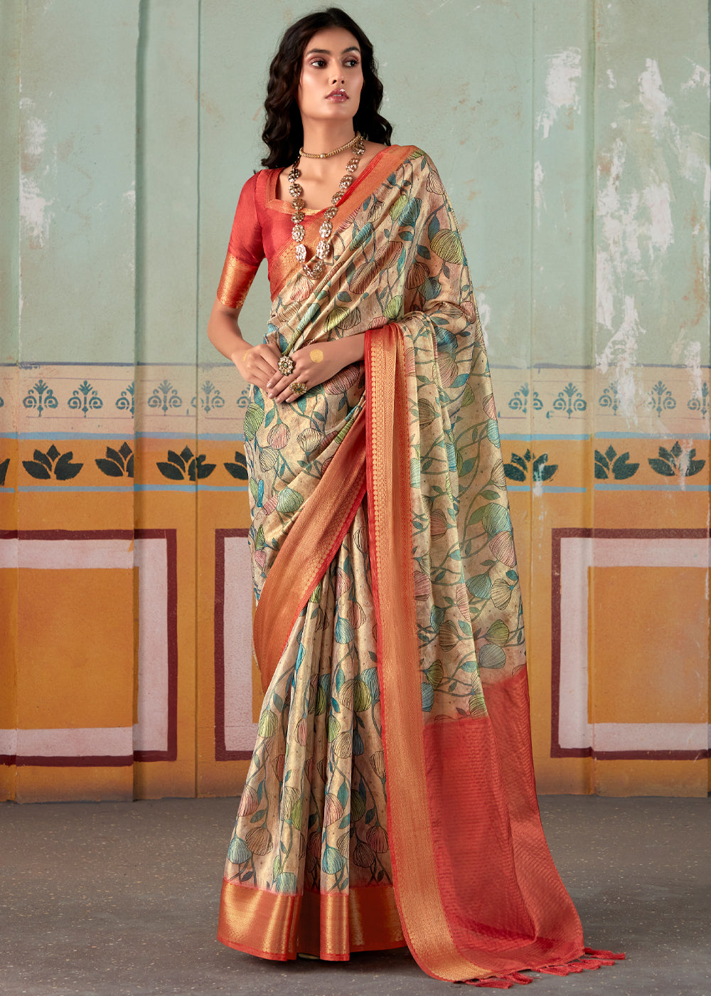 Swamp Green and Red Banarasi Tissue Silk Saree