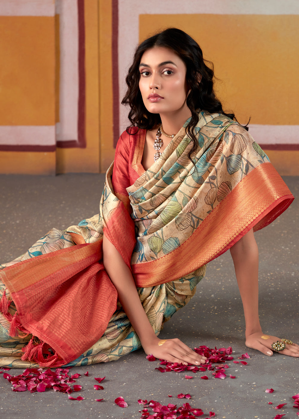 Swamp Green and Red Banarasi Tissue Silk Saree