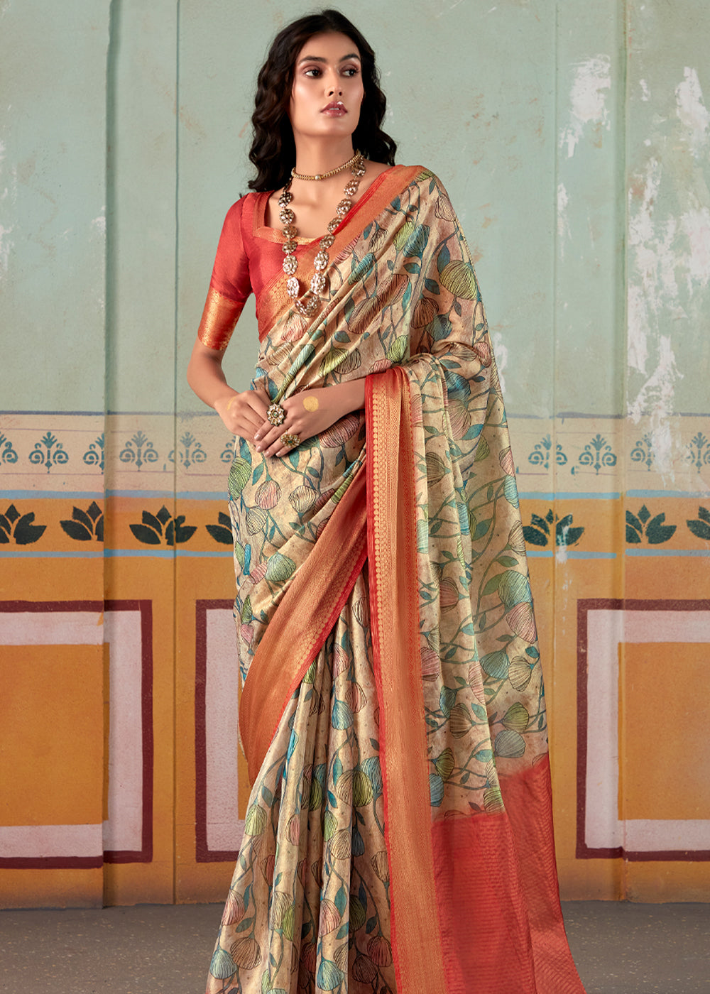 Swamp Green and Red Banarasi Tissue Silk Saree