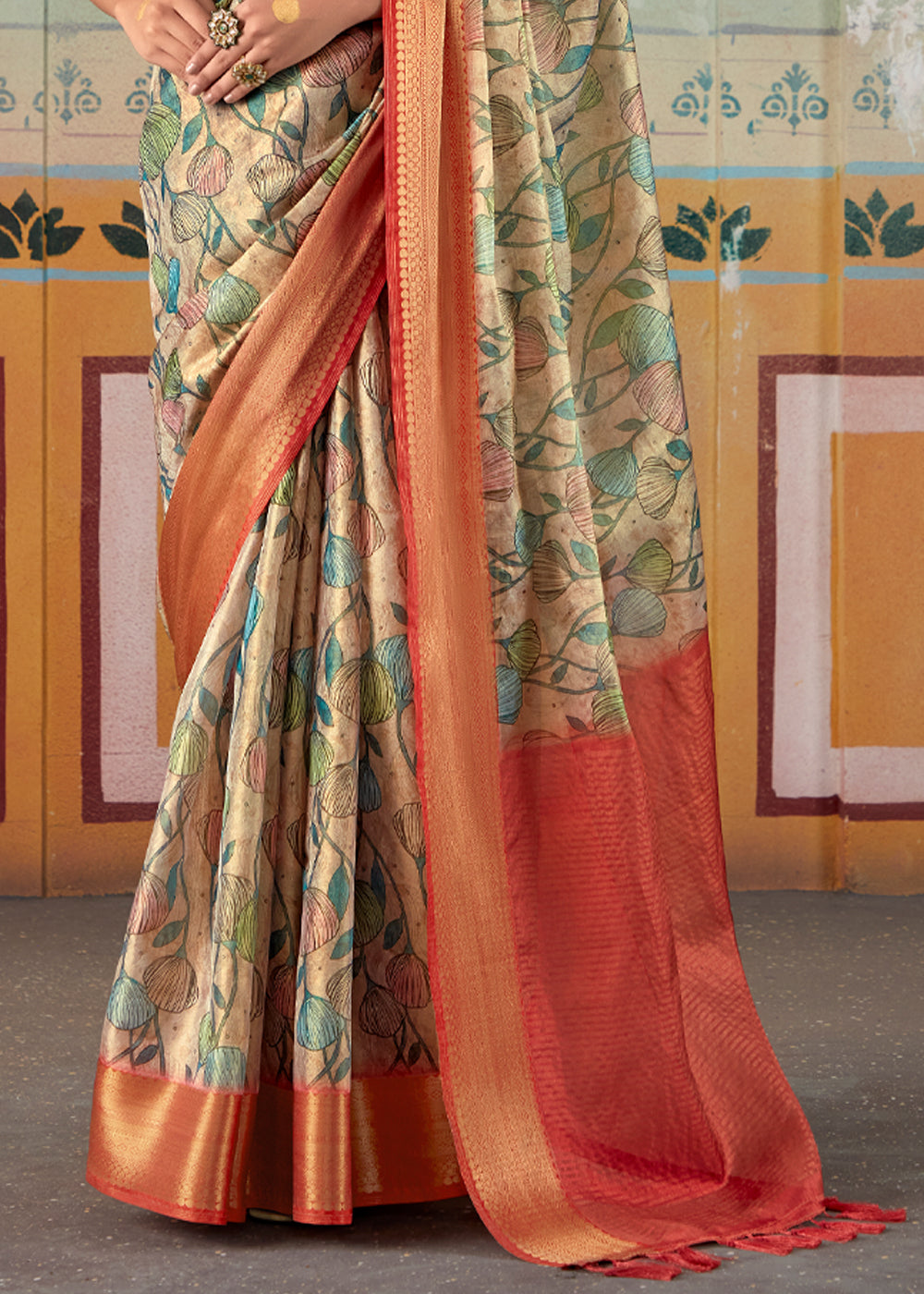 Swamp Green and Red Banarasi Tissue Silk Saree