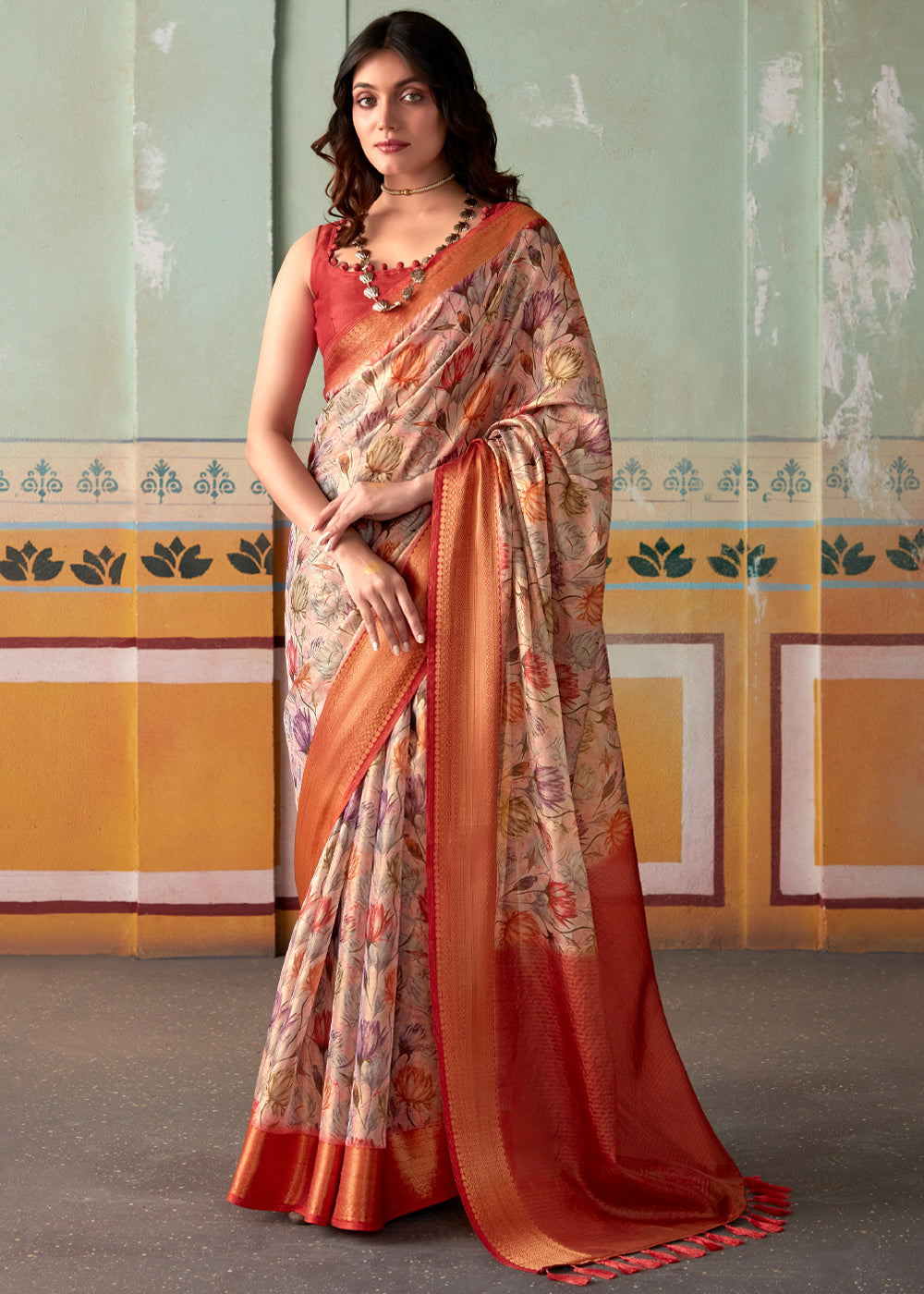 Rose Bud Pink and Red Banarasi Tissue Silk Saree