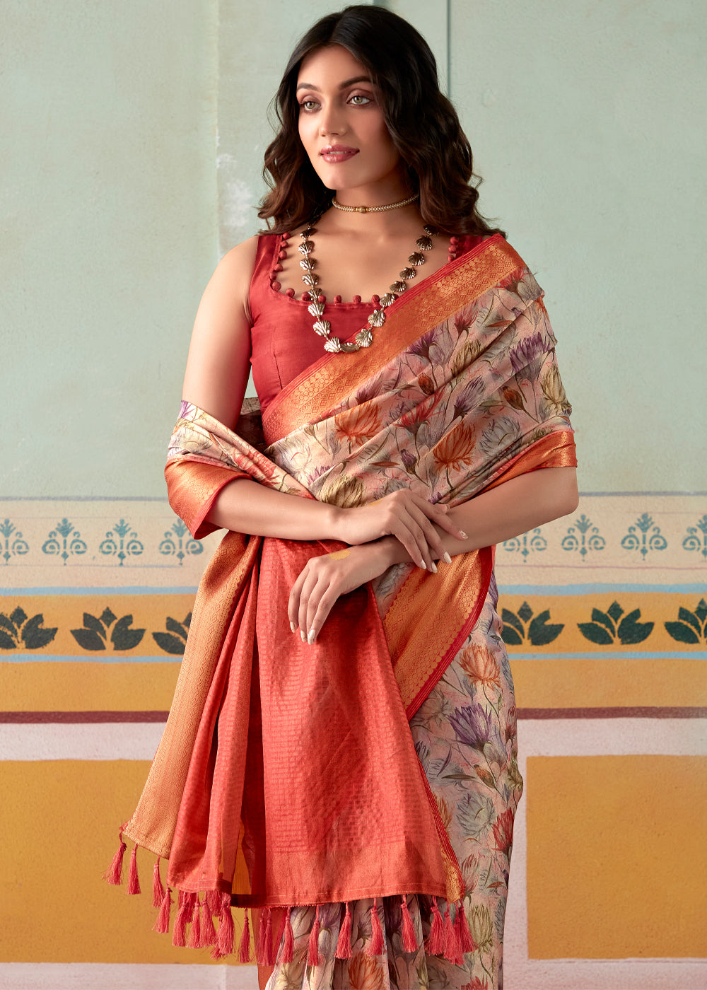 Rose Bud Pink and Red Banarasi Tissue Silk Saree