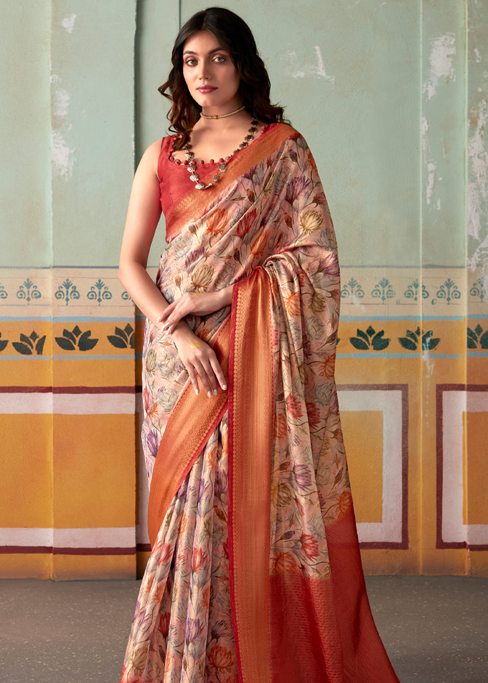 Rose Bud Pink and Red Banarasi Tissue Silk Saree