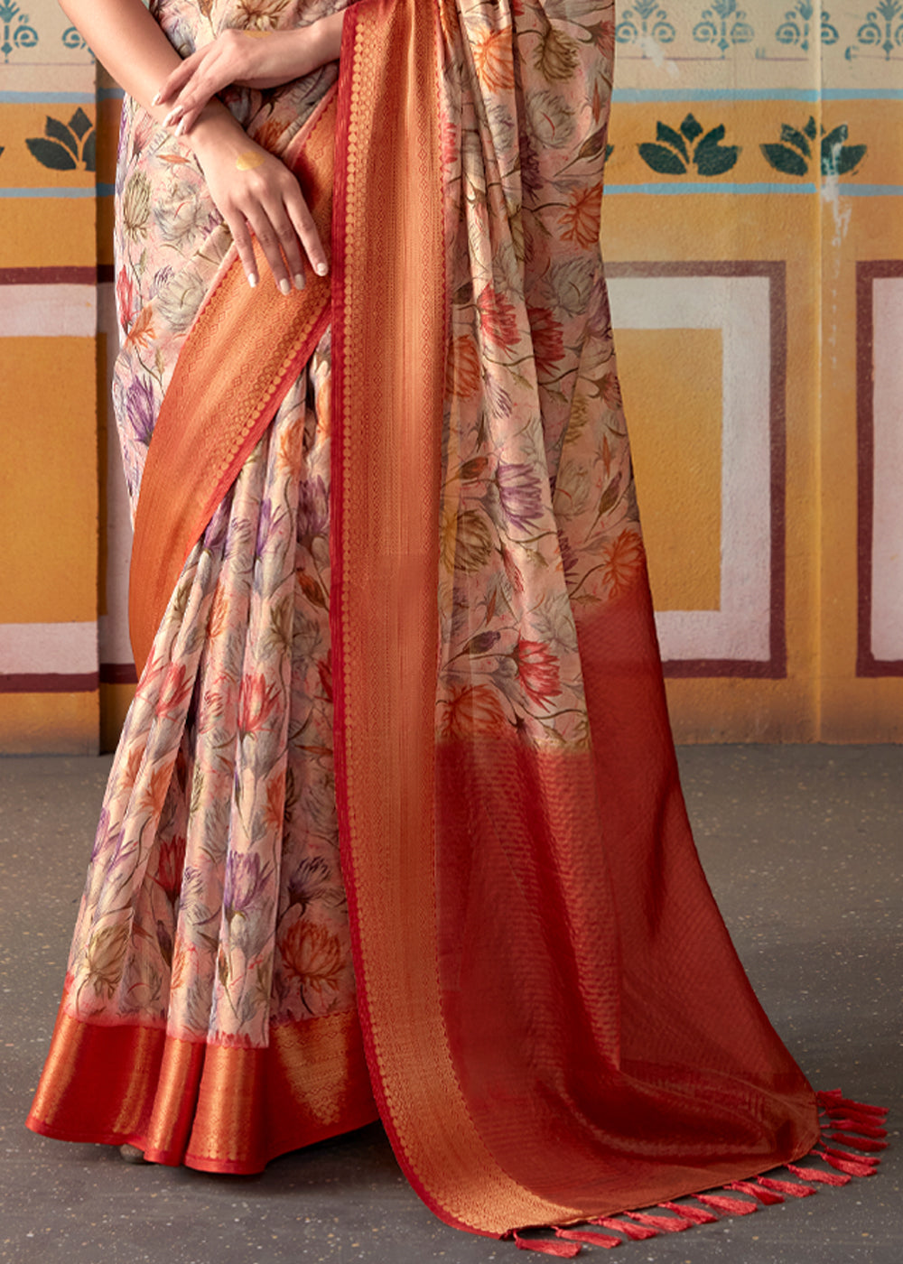 Rose Bud Pink and Red Banarasi Tissue Silk Saree