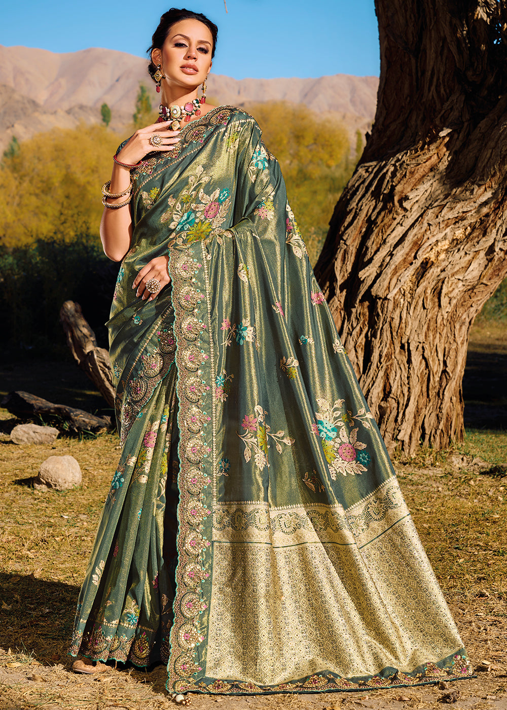 Limed Ash Green Zari Woven Embroidery Designer Banarasi Saree