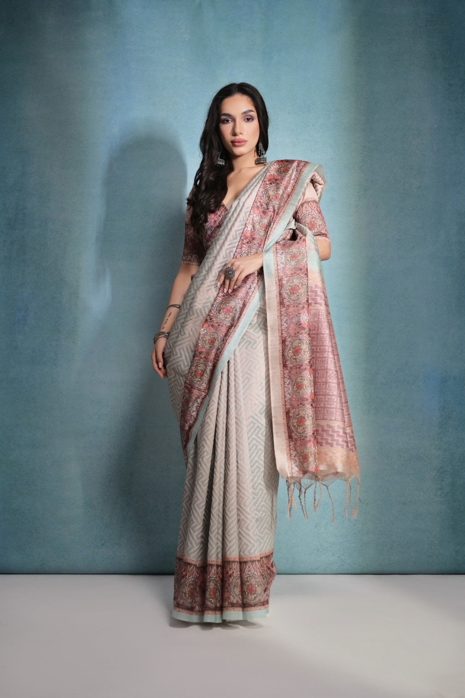 Geyser Grey Shade Cotton Kalamkari Silk Saree