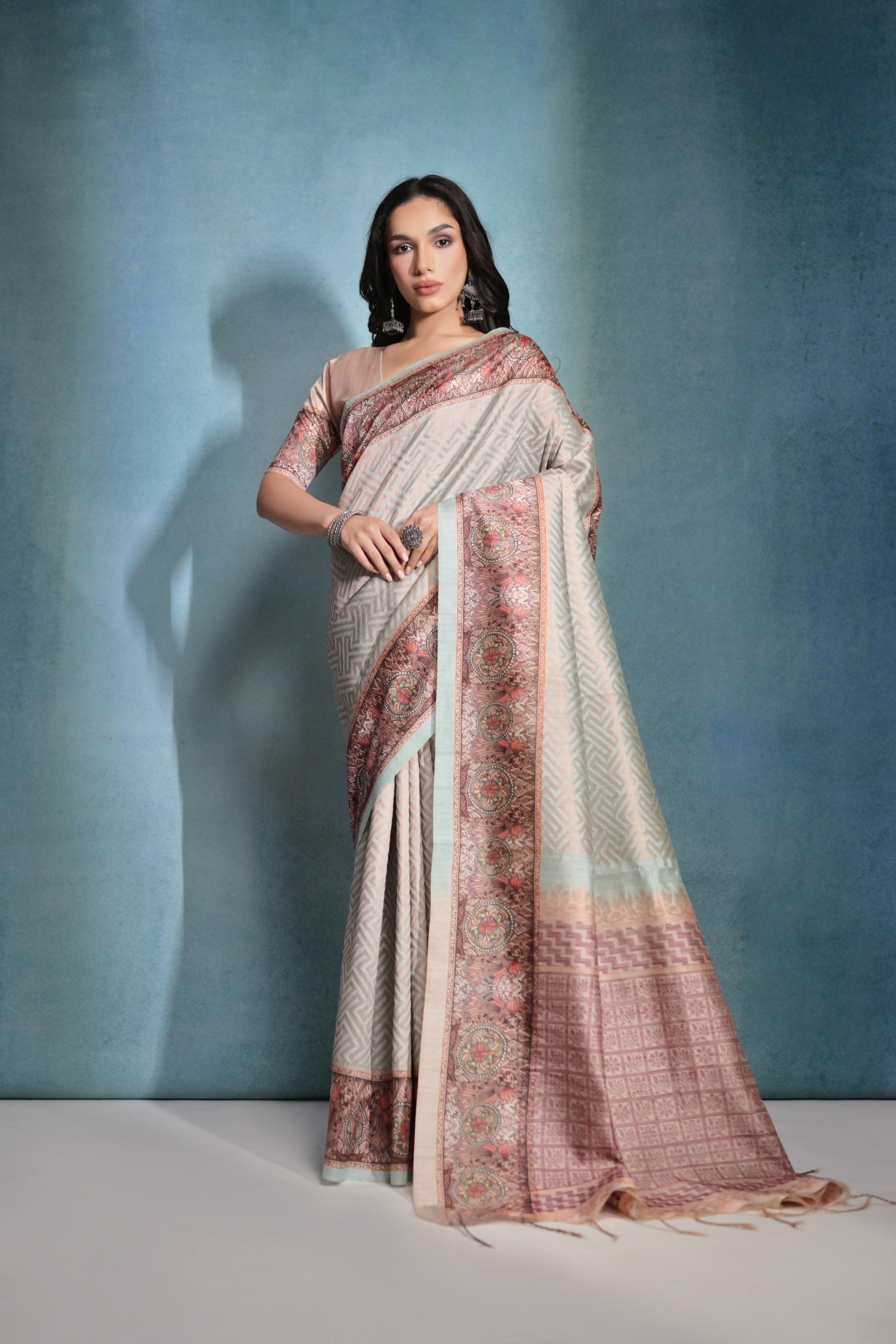 Geyser Grey Shade Cotton Kalamkari Silk Saree