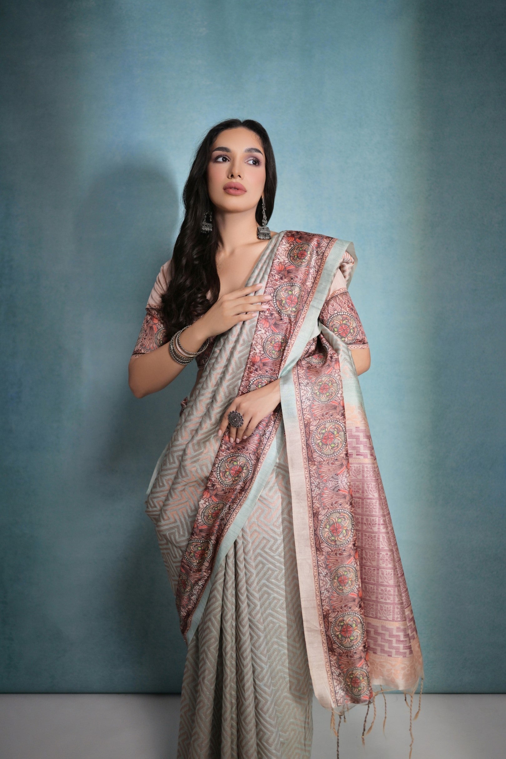 Geyser Grey Shade Cotton Kalamkari Silk Saree