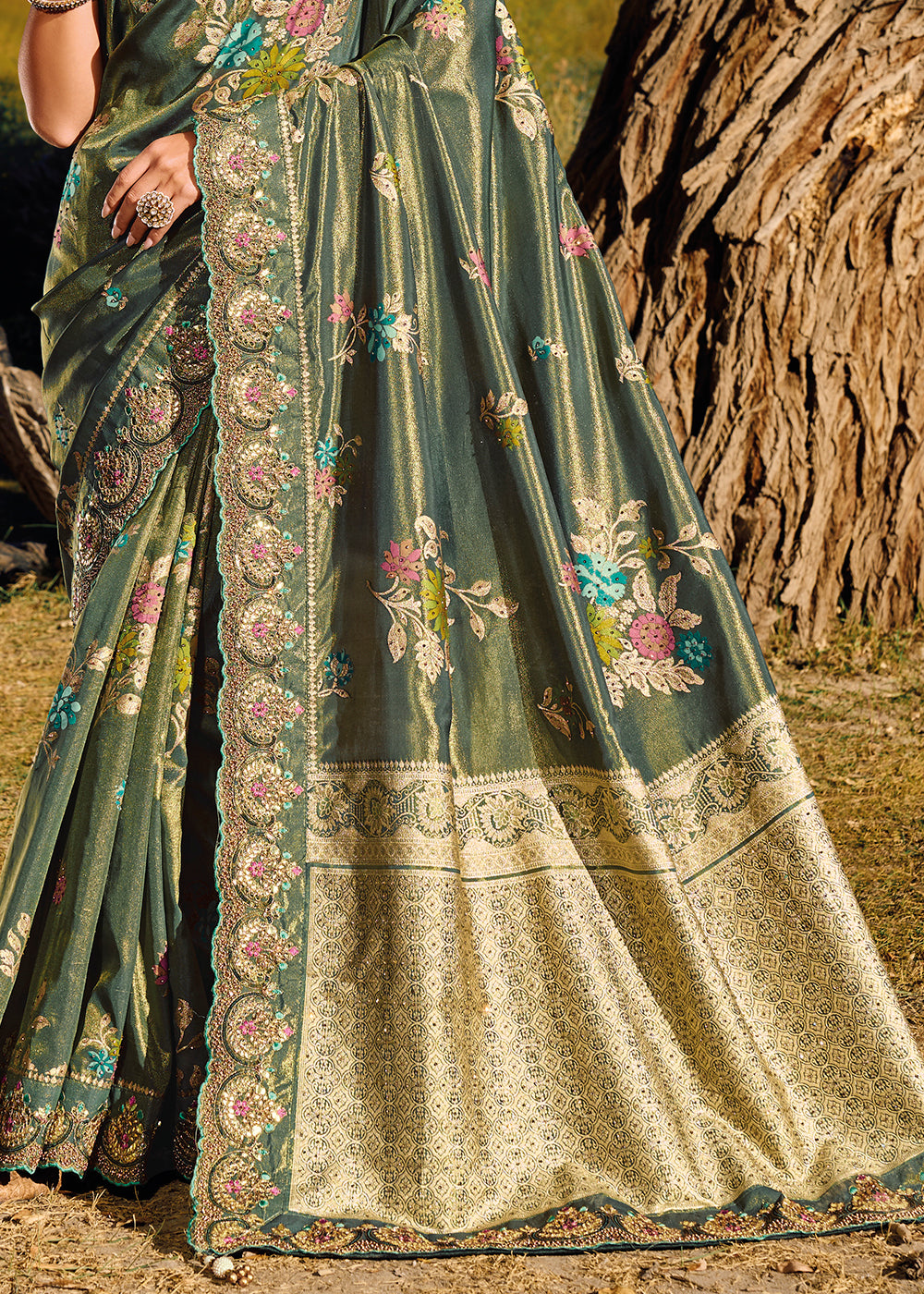 Limed Ash Green Zari Woven Embroidery Designer Banarasi Saree