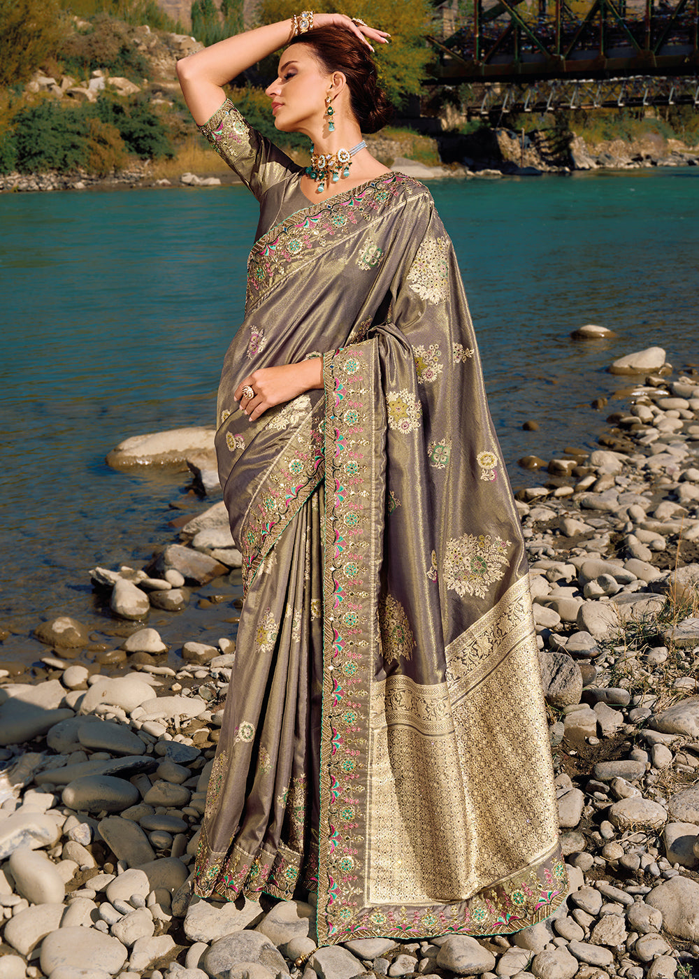 Sandrift Grey Zari Woven Embroidery Designer Banarasi Saree