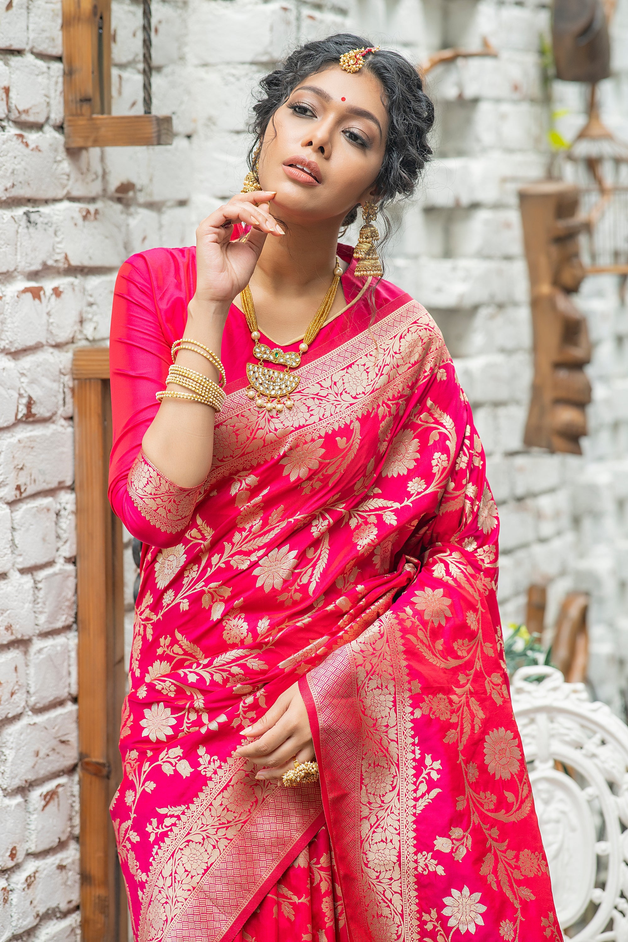 Red Ribbon Woven Banarasi Silk Saree