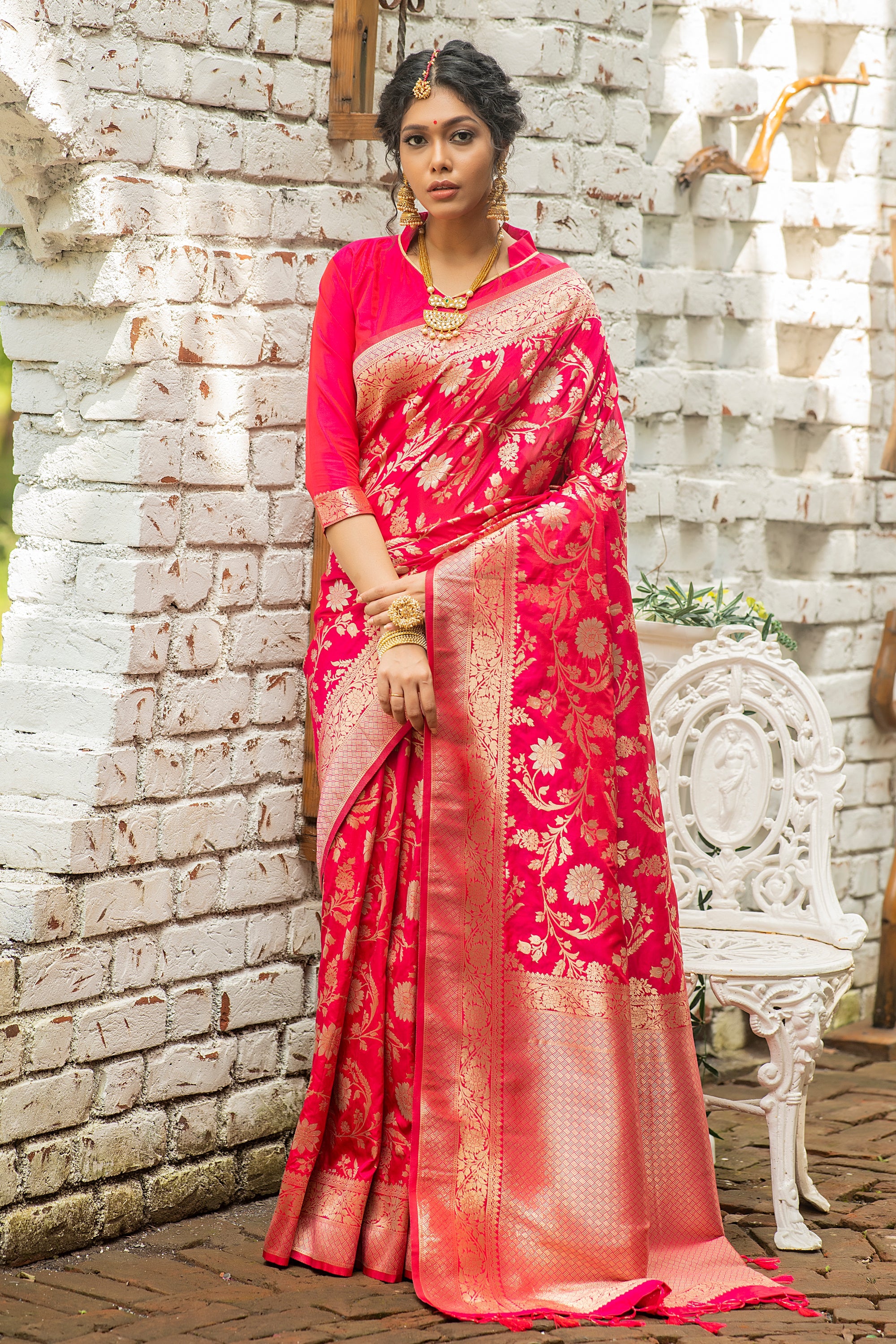 Red Ribbon Woven Banarasi Silk Saree