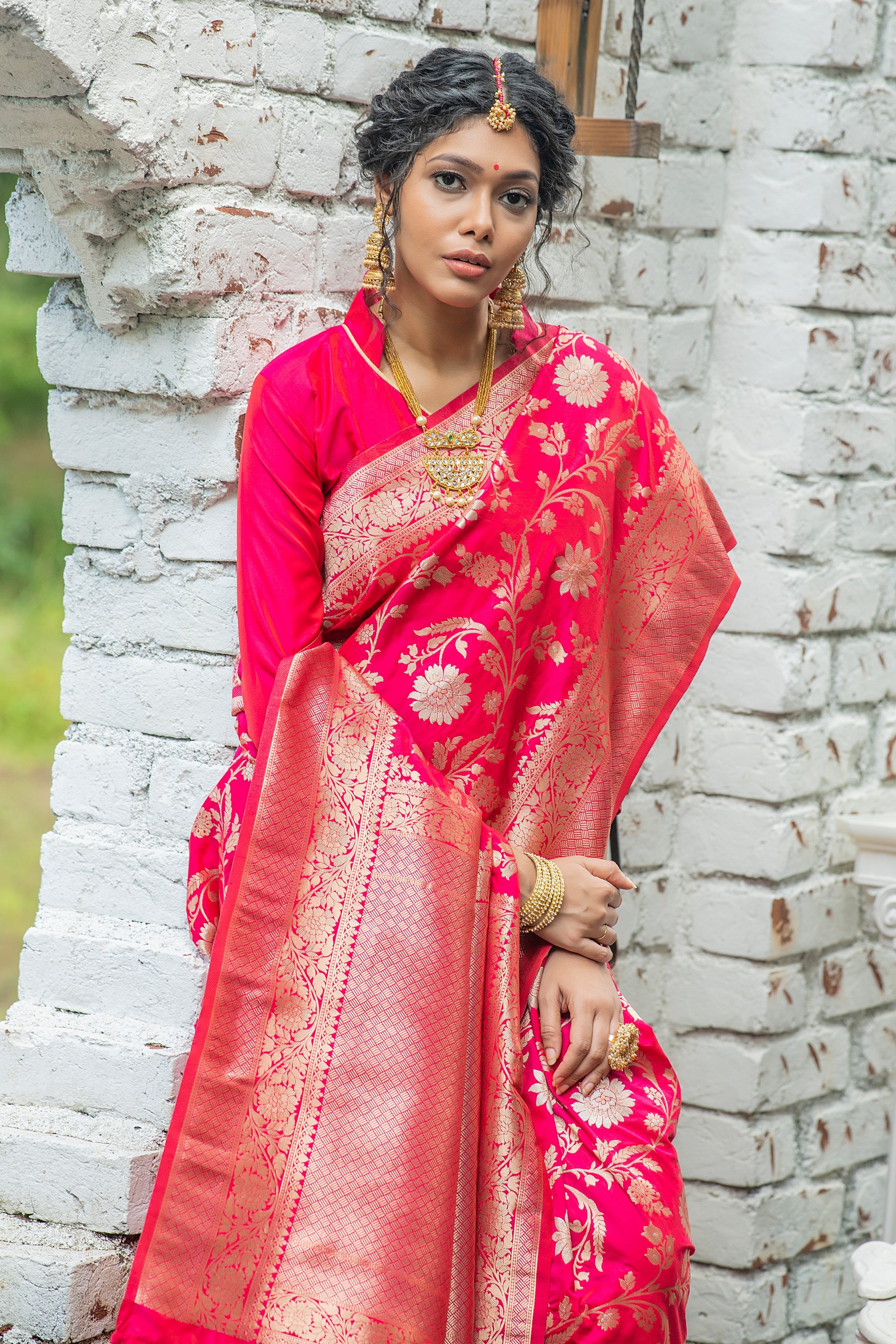 Red Ribbon Woven Banarasi Silk Saree