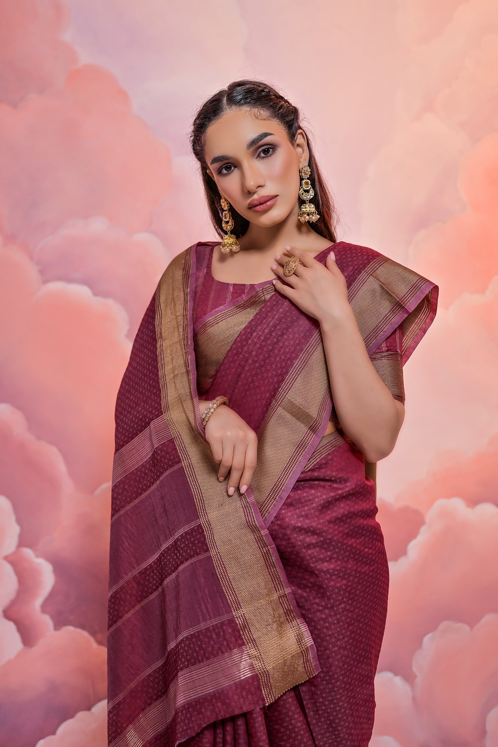 Tawny Port Purple Banarasi Cotton Saree