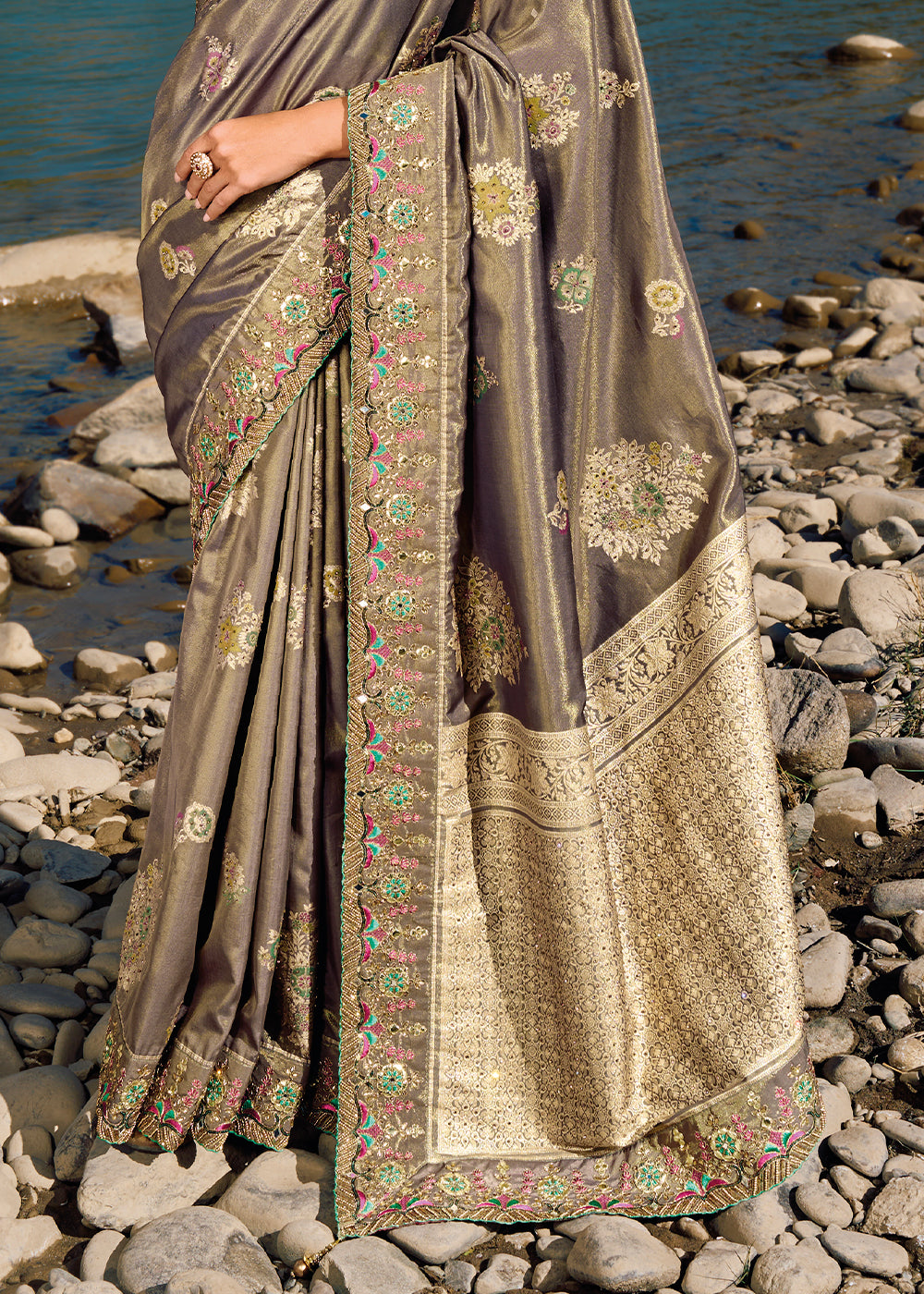 Sandrift Grey Zari Woven Embroidery Designer Banarasi Saree