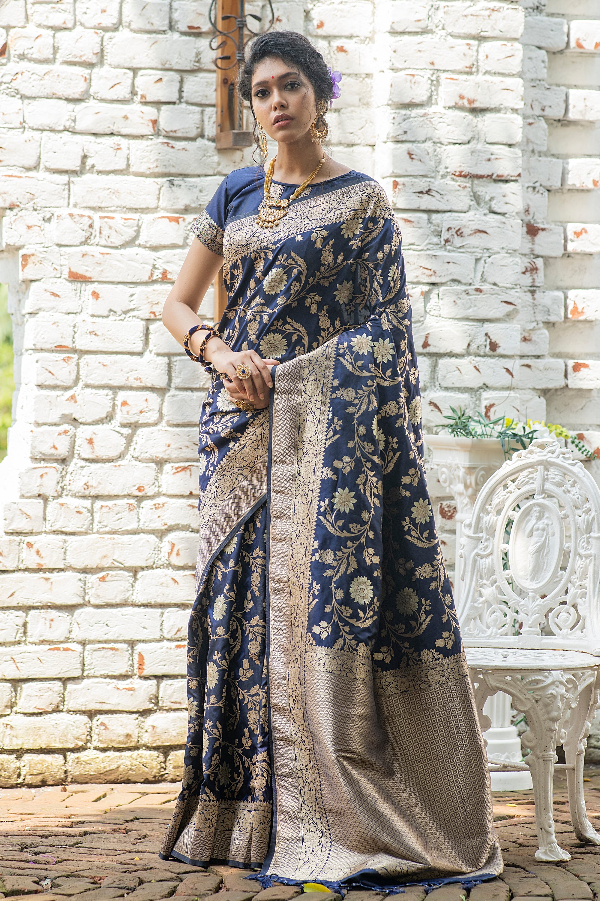 Fiord Blue Woven Banarasi Silk Saree