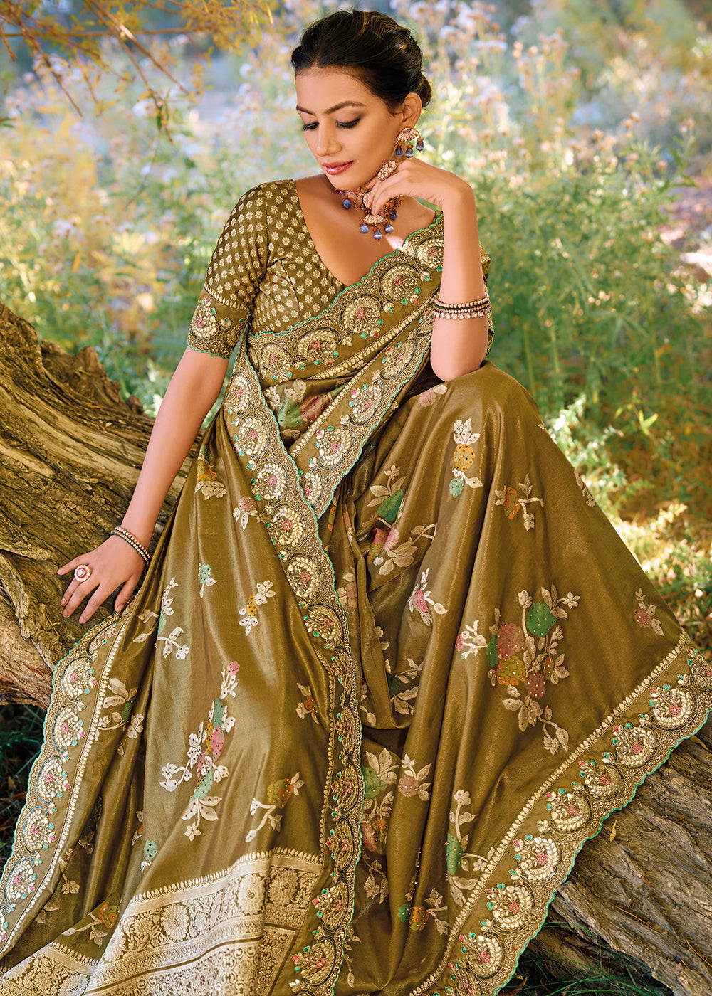 Muddy Waters Brown and Green Zari Woven Embroidery Designer Banarasi Saree