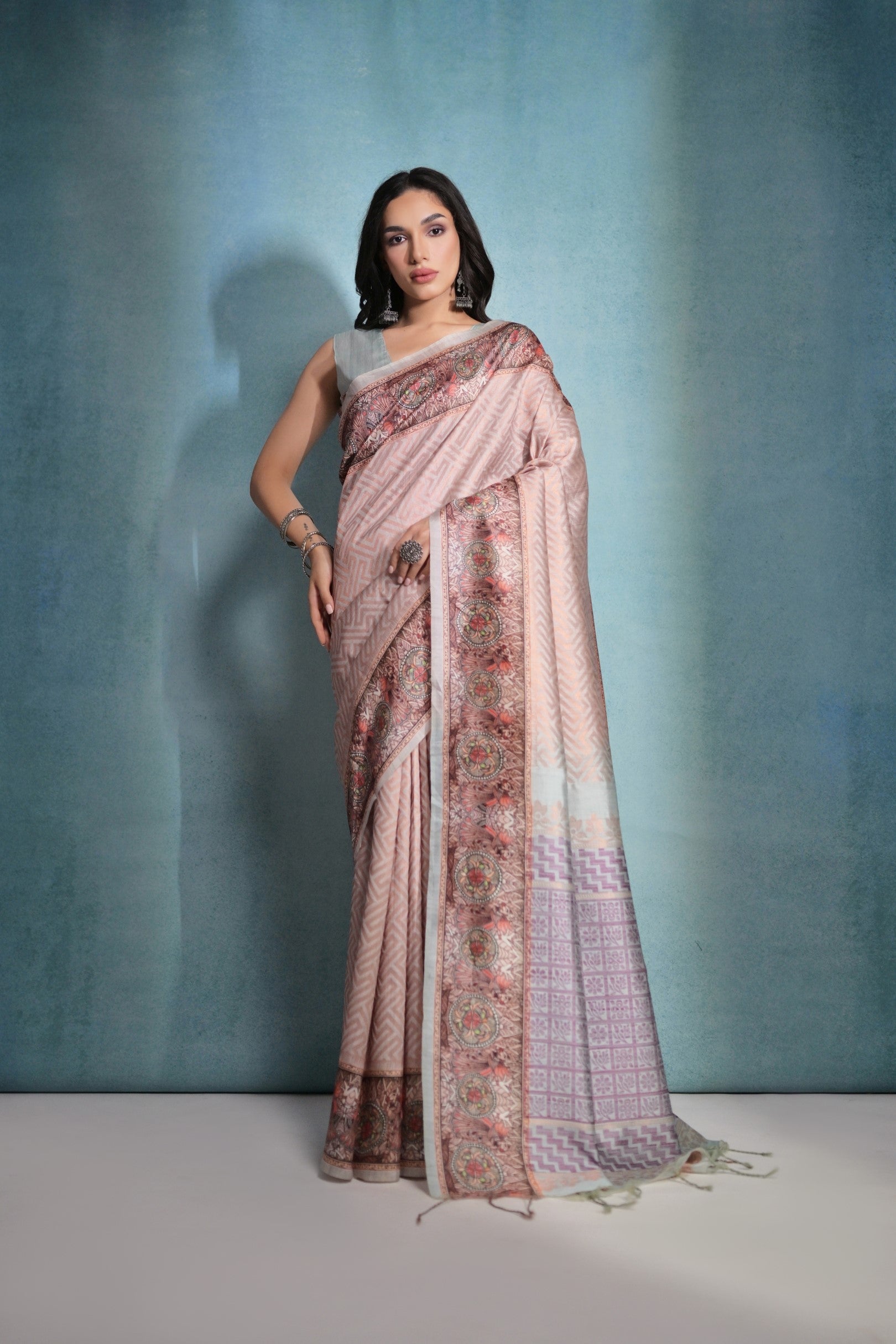 Clam Shell Pink Shade Cotton Kalamkari Silk Saree