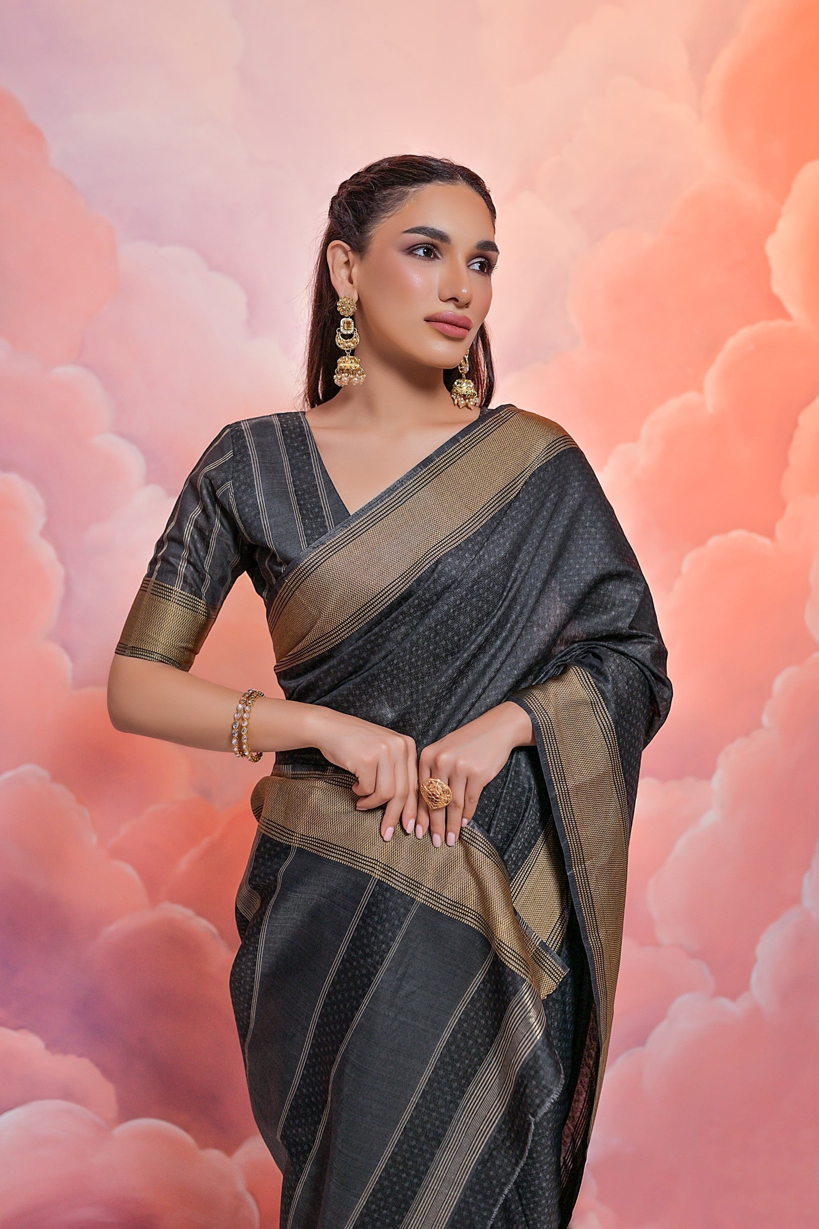 Baltic Sea Black Banarasi Cotton Saree