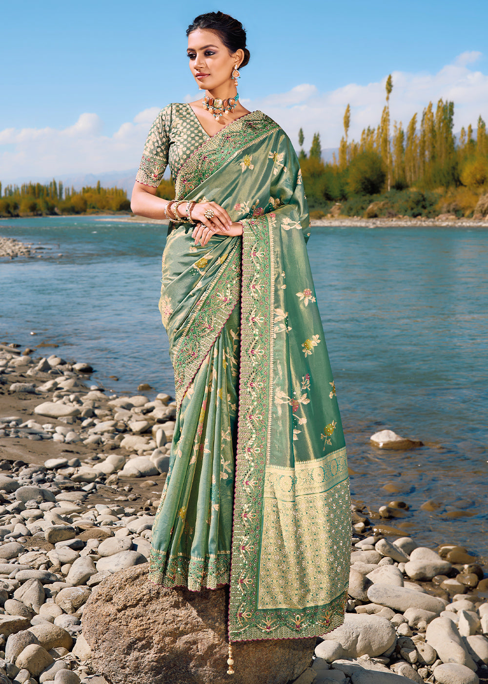 Camouflage Green Zari Woven Embroidery Designer Banarasi Saree