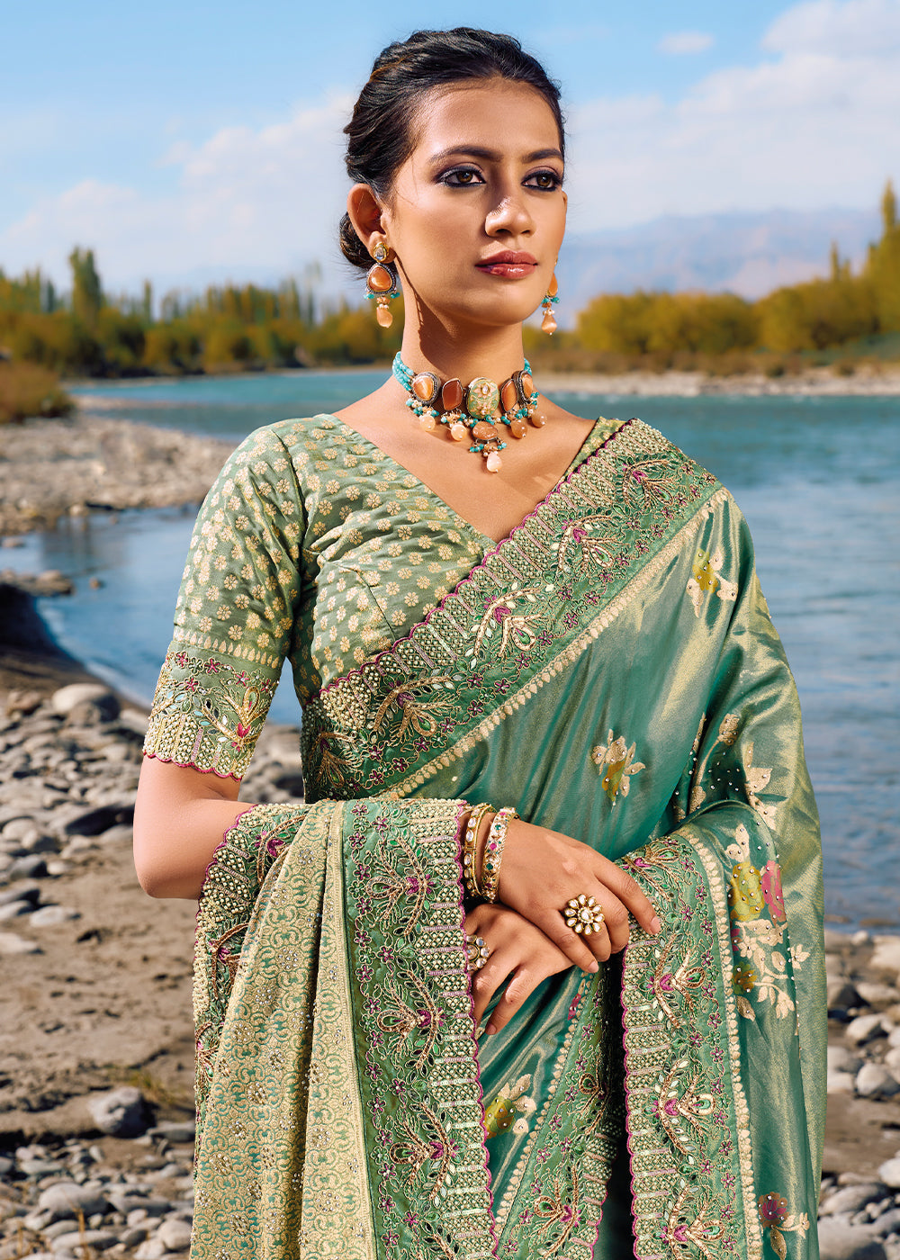 Camouflage Green Zari Woven Embroidery Designer Banarasi Saree