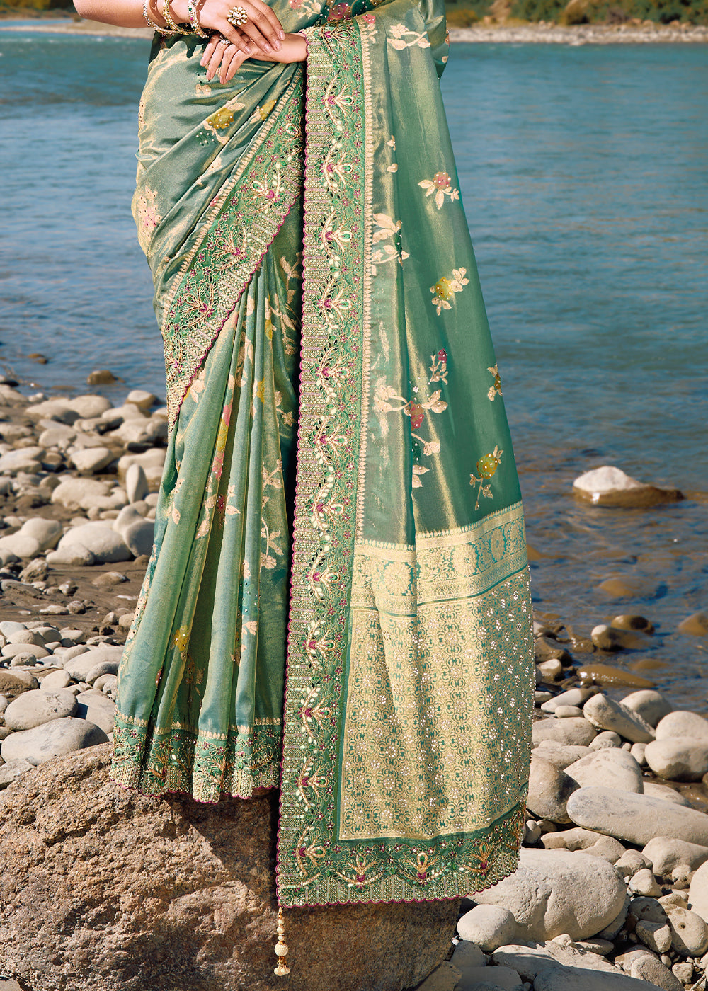 Camouflage Green Zari Woven Embroidery Designer Banarasi Saree