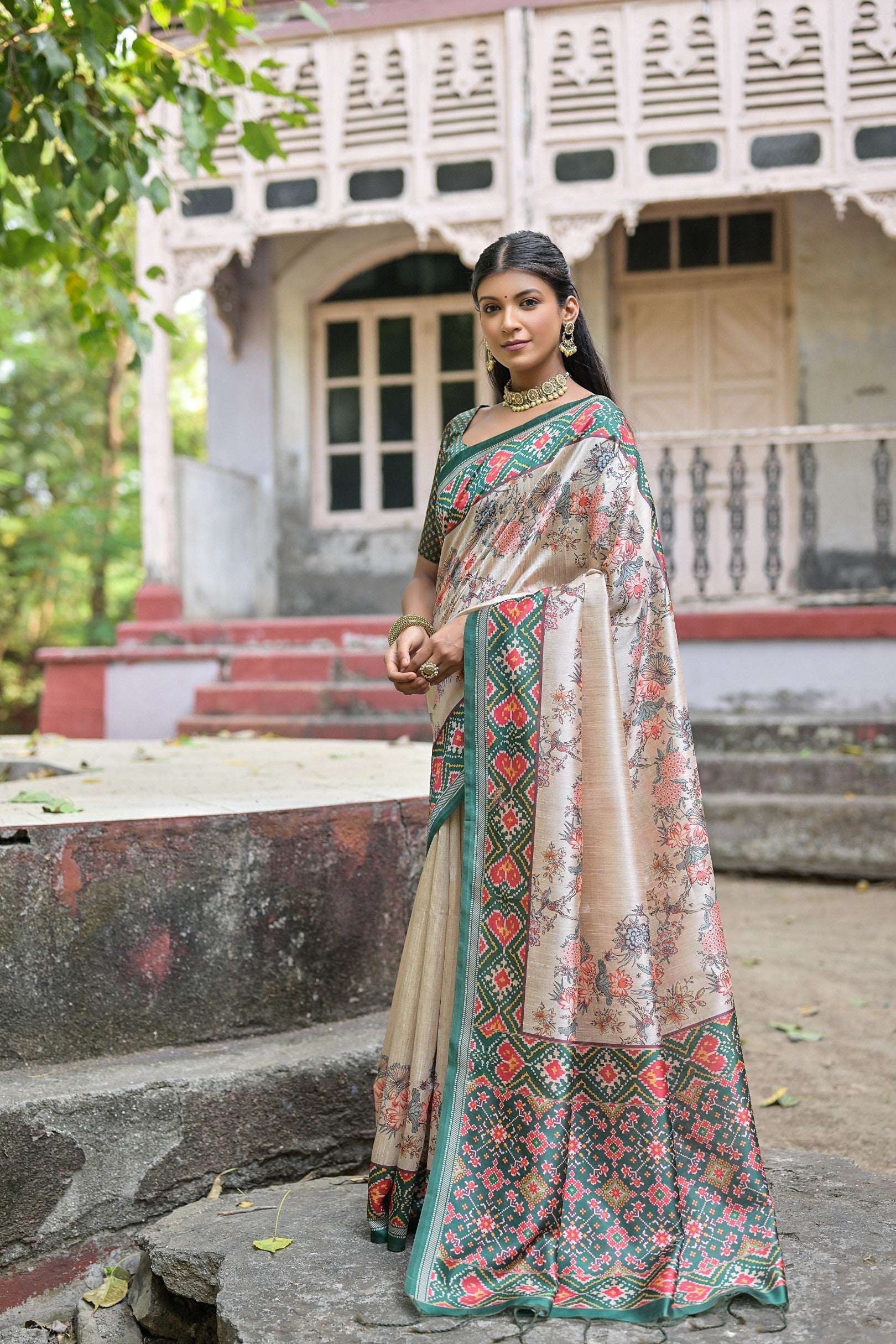 Steel Teal Green Tussar Silk Saree