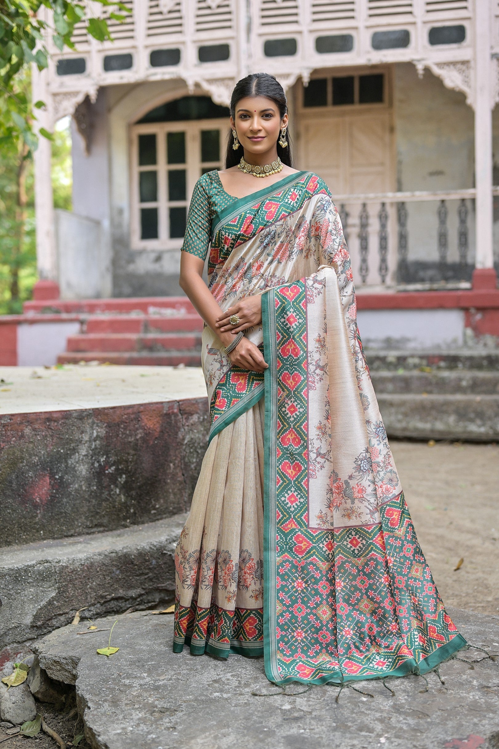 Steel Teal Green Tussar Silk Saree