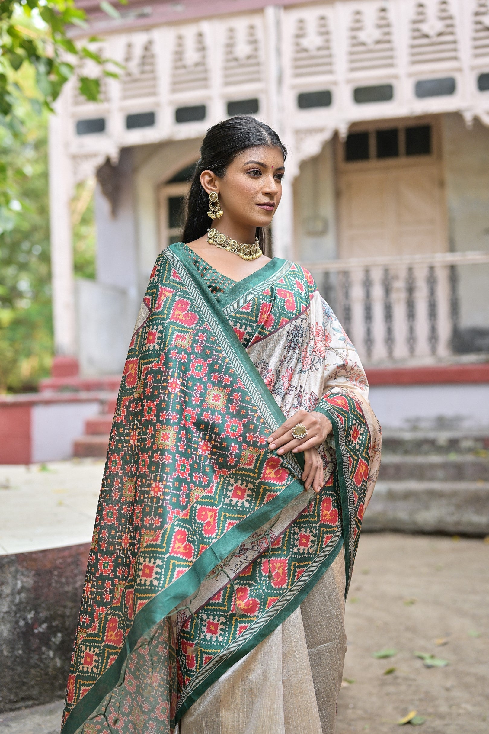 Steel Teal Green Tussar Silk Saree