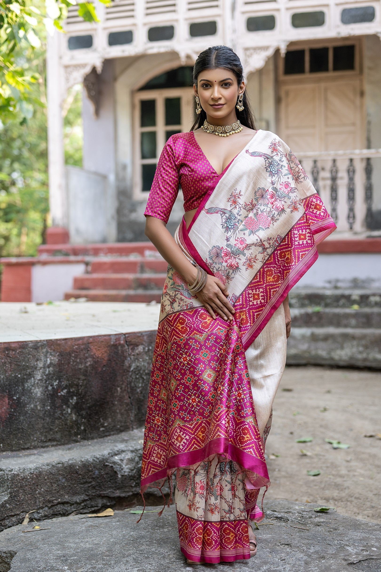 Violet Pink Tussar Silk Saree