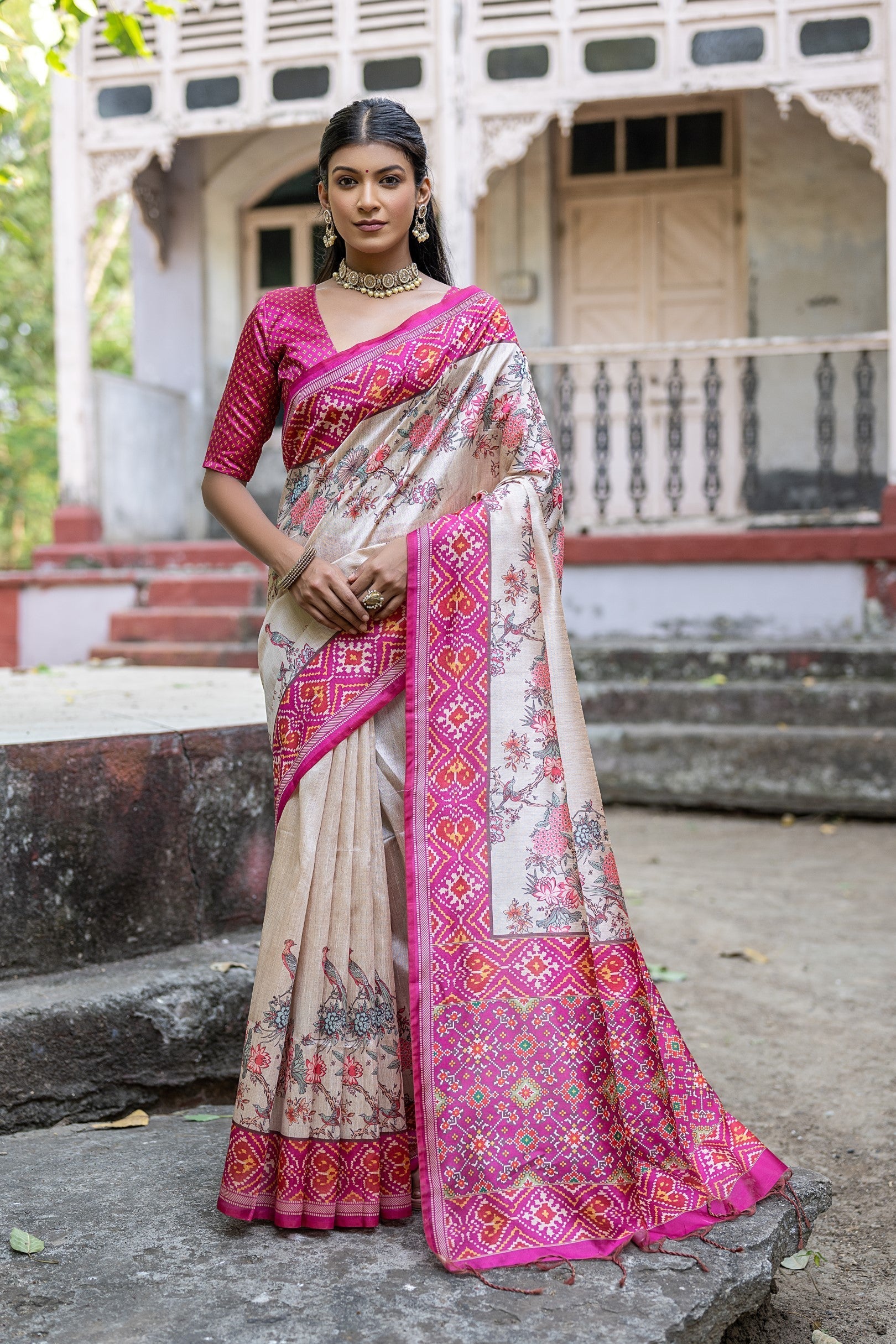 Violet Pink Tussar Silk Saree